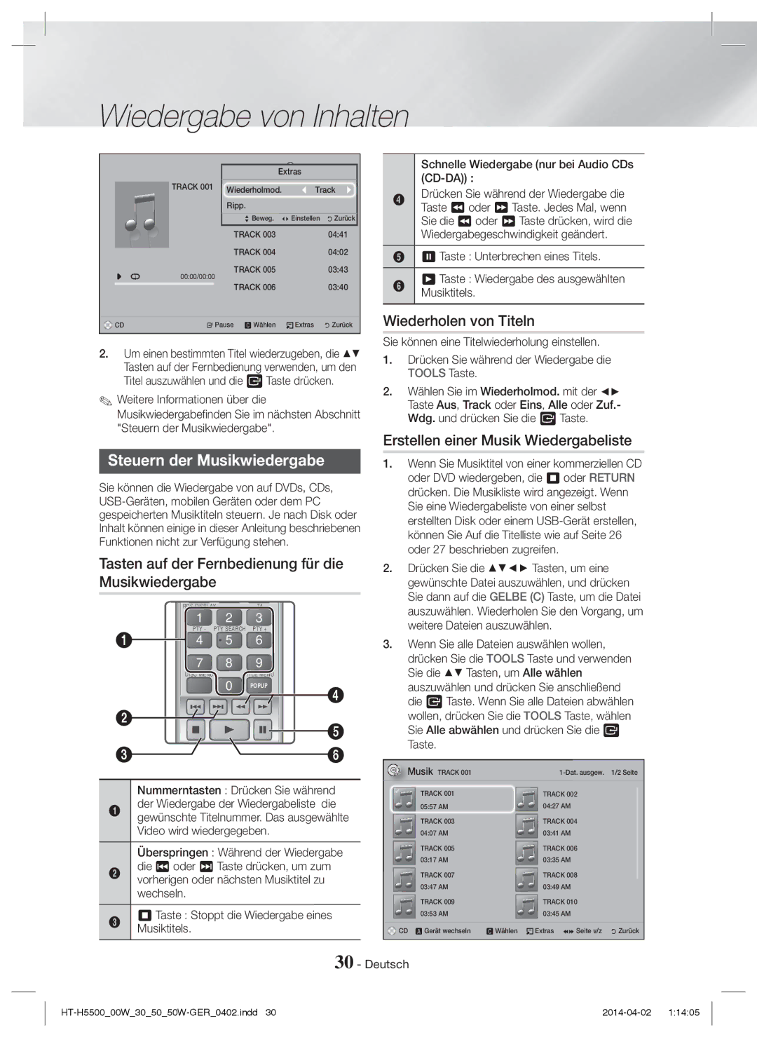 Samsung HT-H5500W/EN manual Steuern der Musikwiedergabe, Wiederholen von Titeln, Erstellen einer Musik Wiedergabeliste 