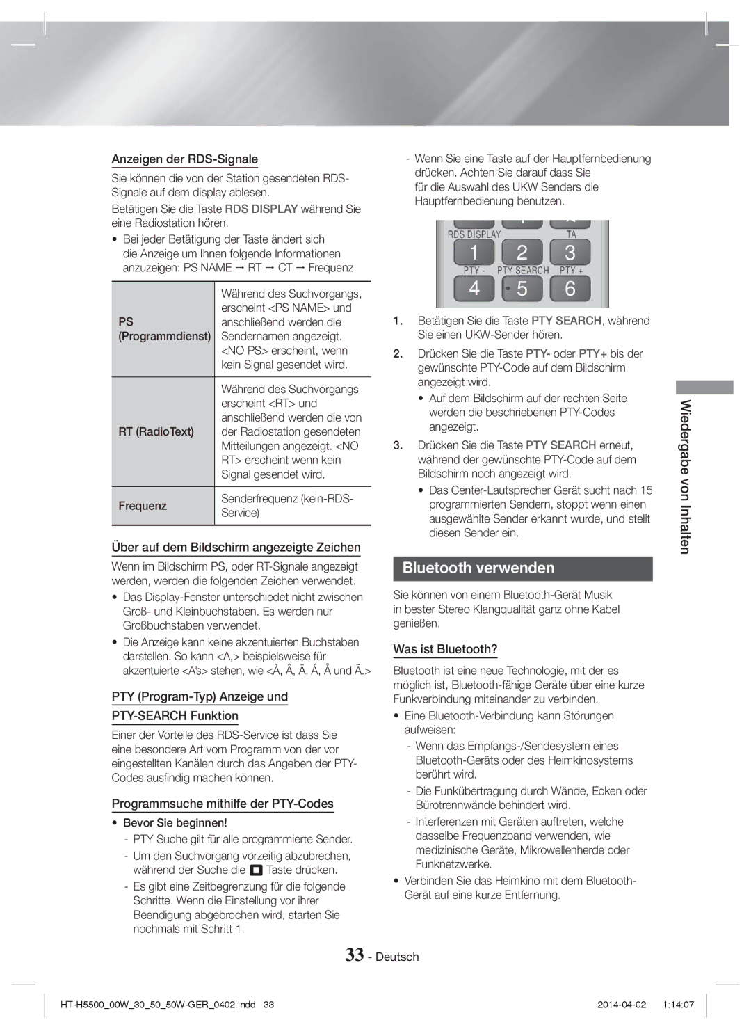 Samsung HT-H5550/TK manual Bluetooth verwenden, Anzeigen der RDS-Signale, PTY Program-Typ Anzeige und PTY-SEARCH Funktion 