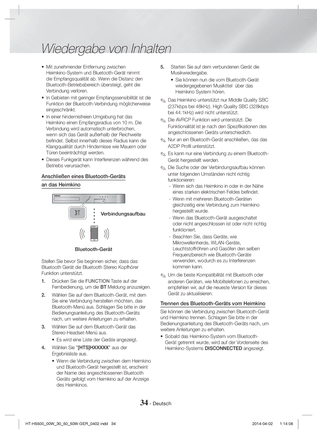 Samsung HT-H5550/EN manual Anschließen eines Bluetooth-Geräts An das Heimkino, Trennen des Bluetooth-Geräts vom Heimkino 