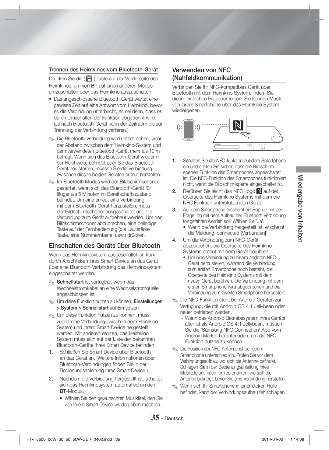 Samsung HT-H5500/TK, HT-H5550W/TK manual Einschalten des Geräts über Bluetooth, Verwenden von NFC Nahfeldkommunikation 