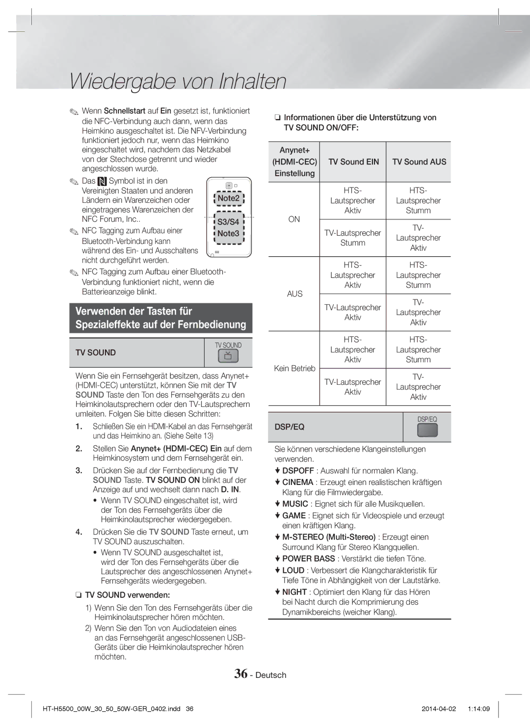 Samsung HT-H5550/ZF, HT-H5550W/TK, HT-H5530/EN, HT-H5500W/EN, HT-H5500/EN manual Verwenden der Tasten für, TV Sound ON/OFF 