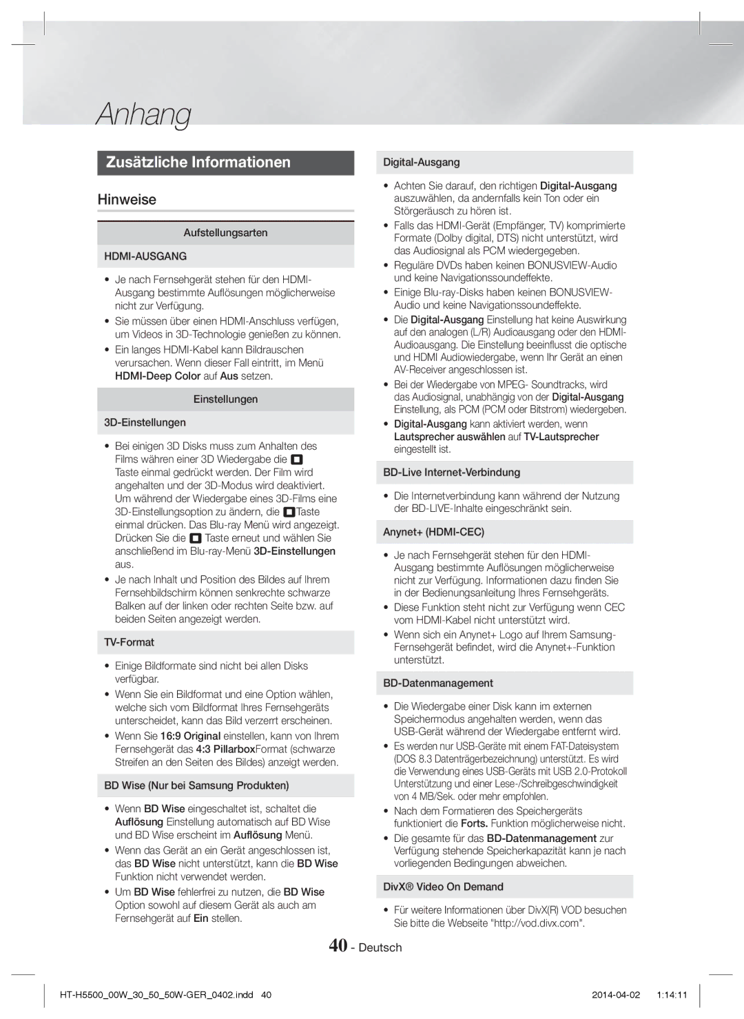 Samsung HT-H5550W/ZF Anhang, Zusätzliche Informationen, Hinweise, Aufstellungsarten, BD Wise Nur bei Samsung Produkten 