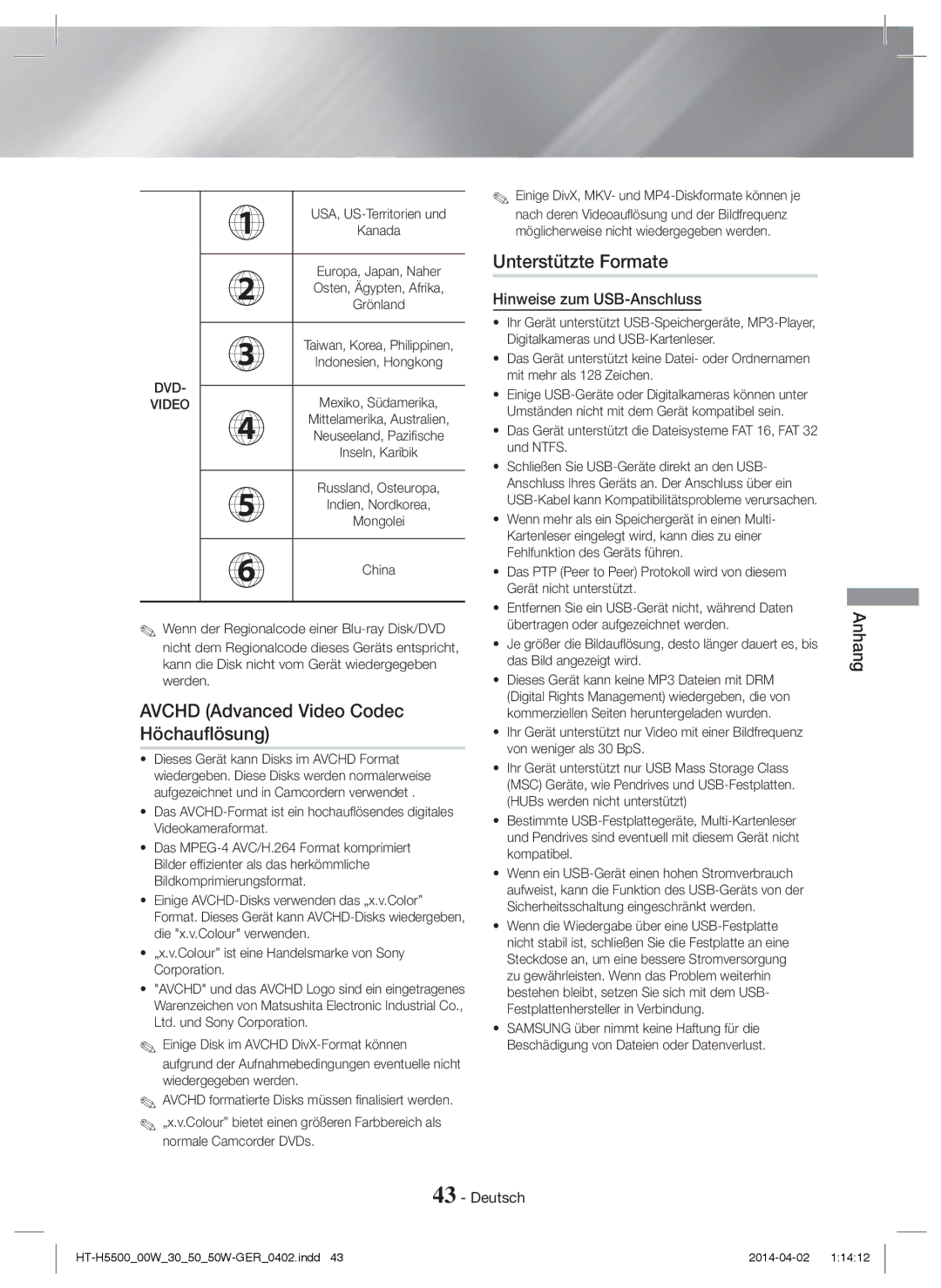 Samsung HT-H5500W/XN manual Avchd Advanced Video Codec Höchauflösung, Unterstützte Formate, Hinweise zum USB-Anschluss 