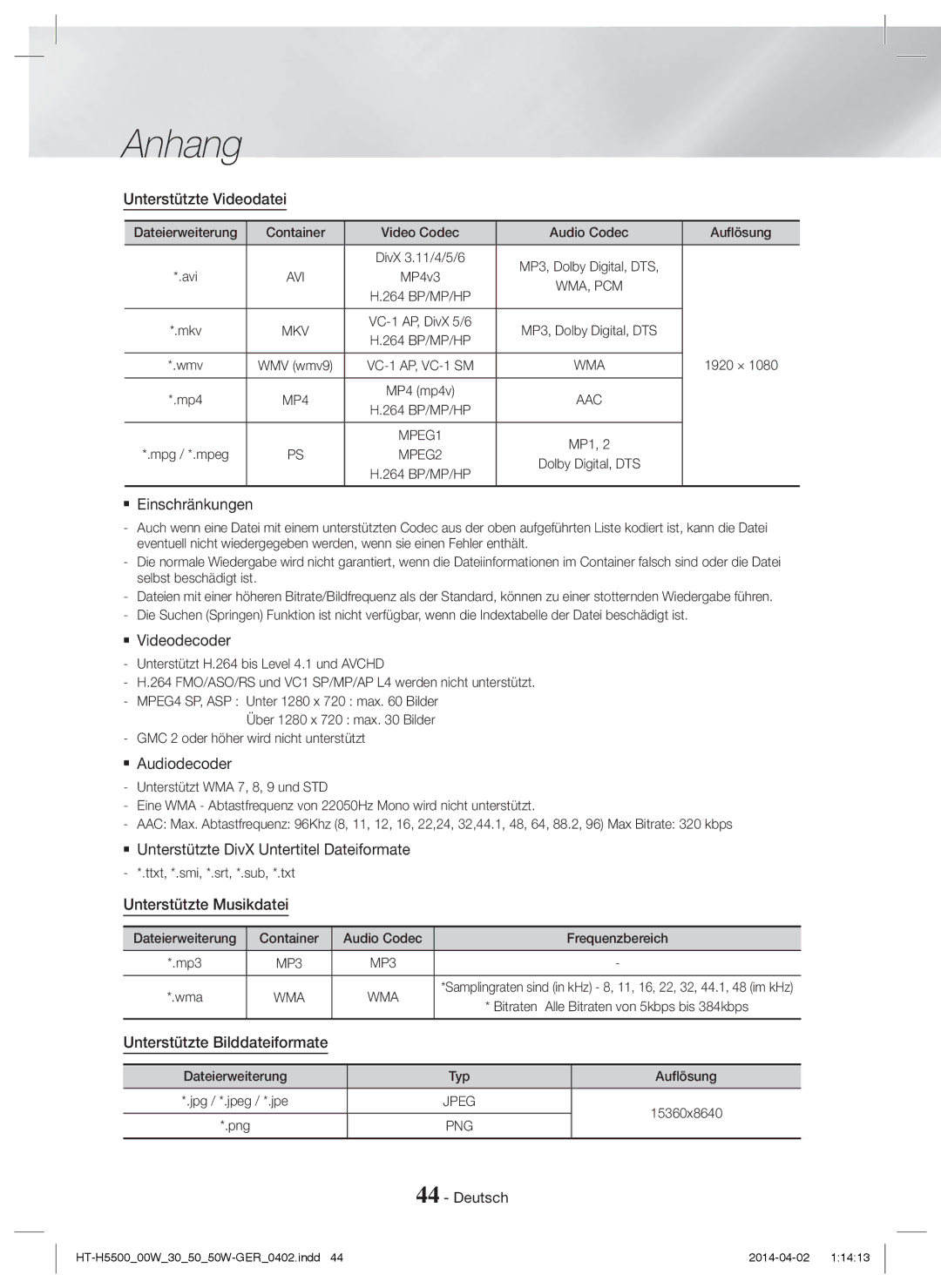 Samsung HT-H5530/XN, HT-H5550W/TK Unterstützte Videodatei,  Einschränkungen,  Unterstützte DivX Untertitel Dateiformate 