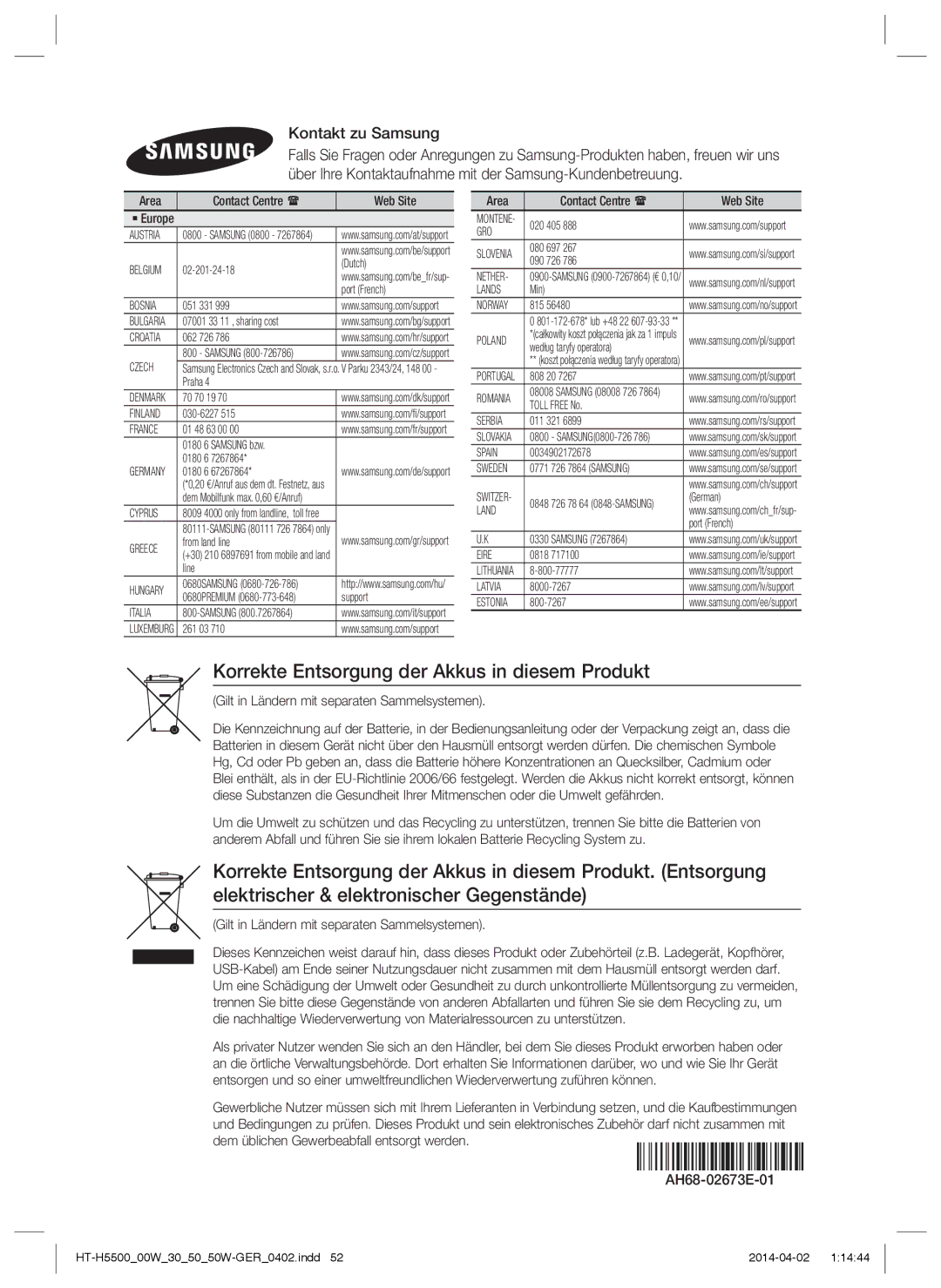 Samsung HT-H5530/EN, HT-H5550W/TK manual Korrekte Entsorgung der Akkus in diesem Produkt, Kontakt zu Samsung, AH68-02673E-01 