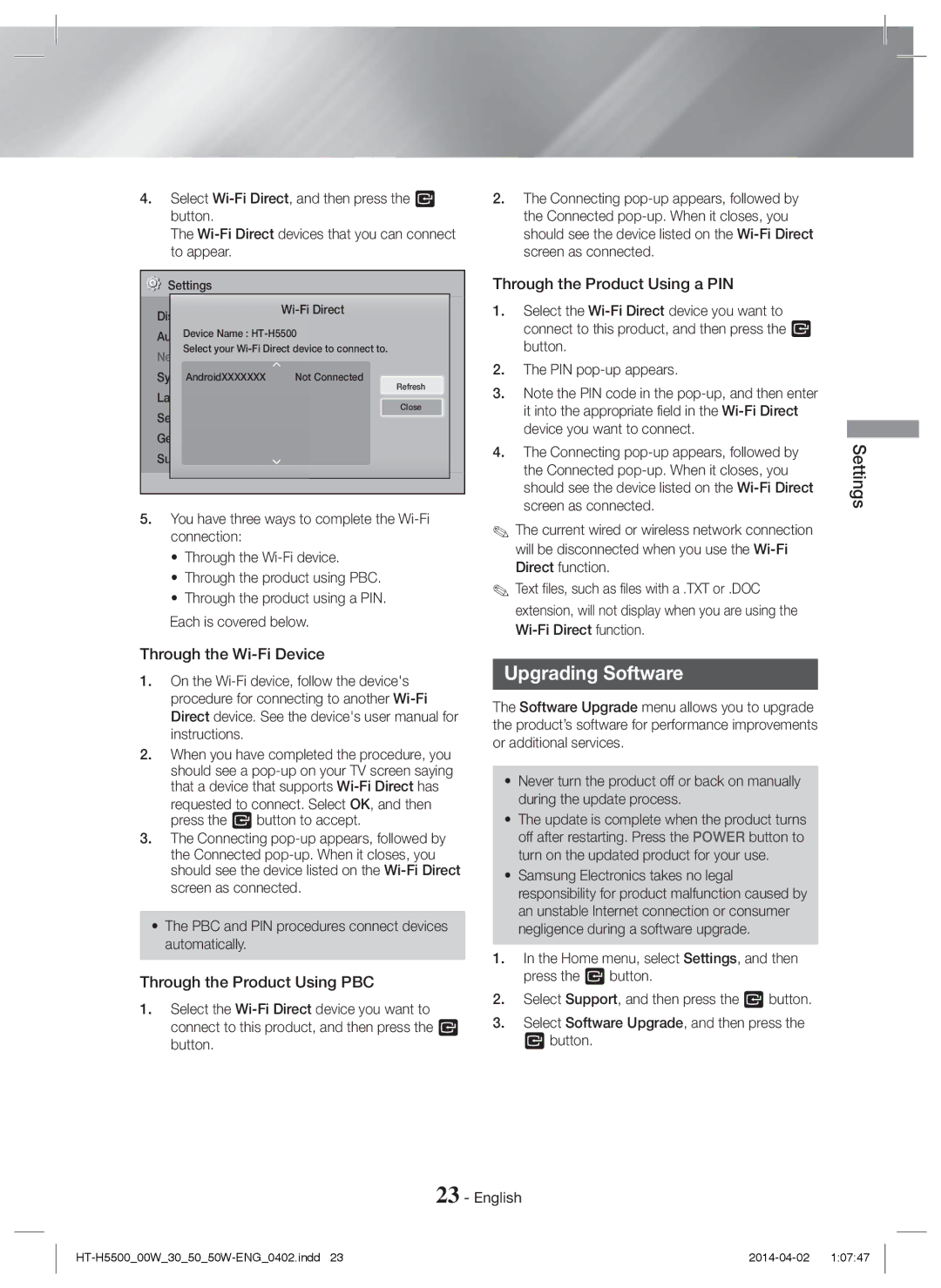 Samsung HT-H5550W/TK, HT-H5530/EN Upgrading Software, Through the Product Using a PIN, Settings Through the Wi-Fi Device 