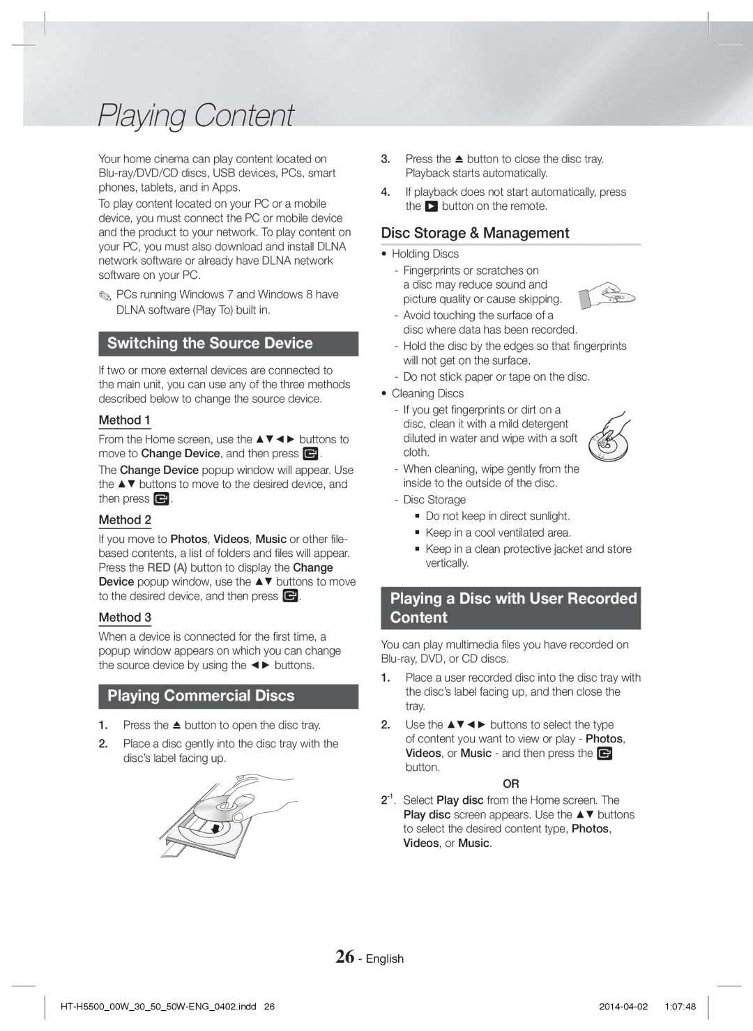 Samsung HT-H5500/EN Playing Content, Disc Storage & Management, Switching the Source Device, Playing Commercial Discs 