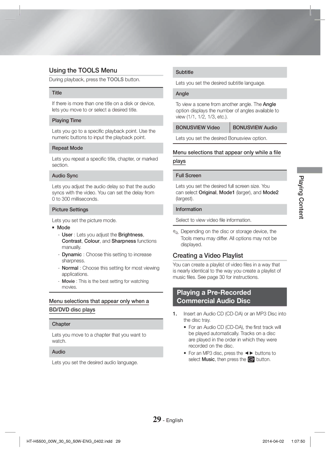 Samsung HT-H5550/EN manual Using the Tools Menu, Creating a Video Playlist, Playing a Pre-Recorded Commercial Audio Disc 