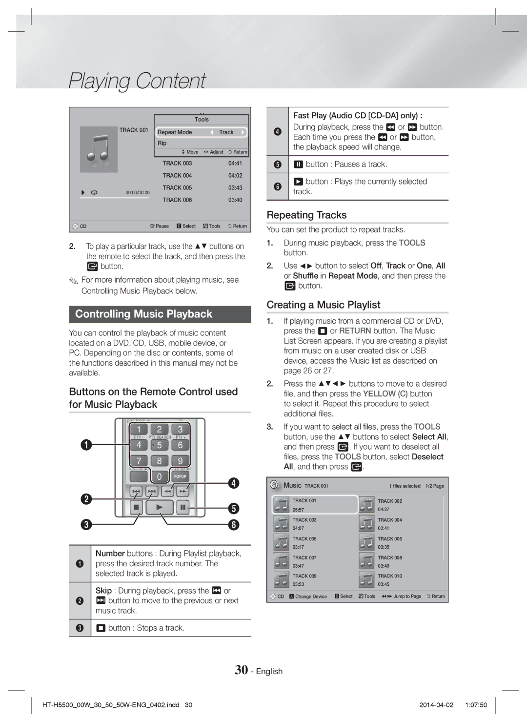 Samsung HT-H5500/TK Repeating Tracks, Controlling Music Playback, Buttons on the Remote Control used for Music Playback 