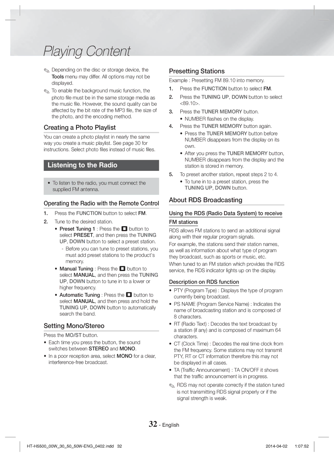 Samsung HT-H5500/ZF manual Creating a Photo Playlist, Listening to the Radio, Setting Mono/Stereo, Presetting Stations 