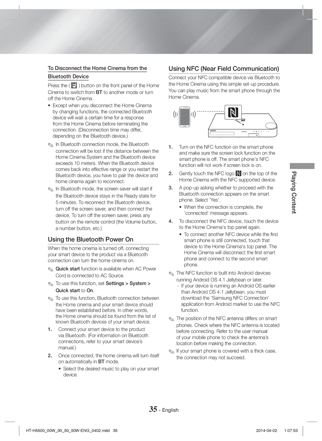Samsung HT-H5550W/ZF, HT-H5550W/TK, HT-H5530/EN manual Using the Bluetooth Power On, Using NFC Near Field Communication 