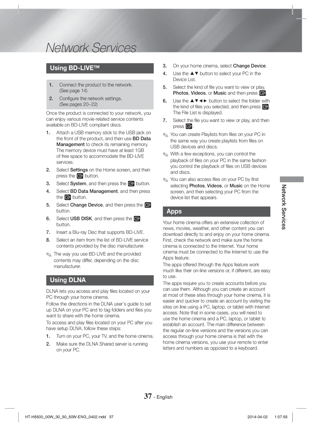 Samsung HT-H5500W/XE, HT-H5550W/TK, HT-H5530/EN, HT-H5500W/EN, HT-H5500/EN Network Services, Using BD-LIVE, Using Dlna, Apps 