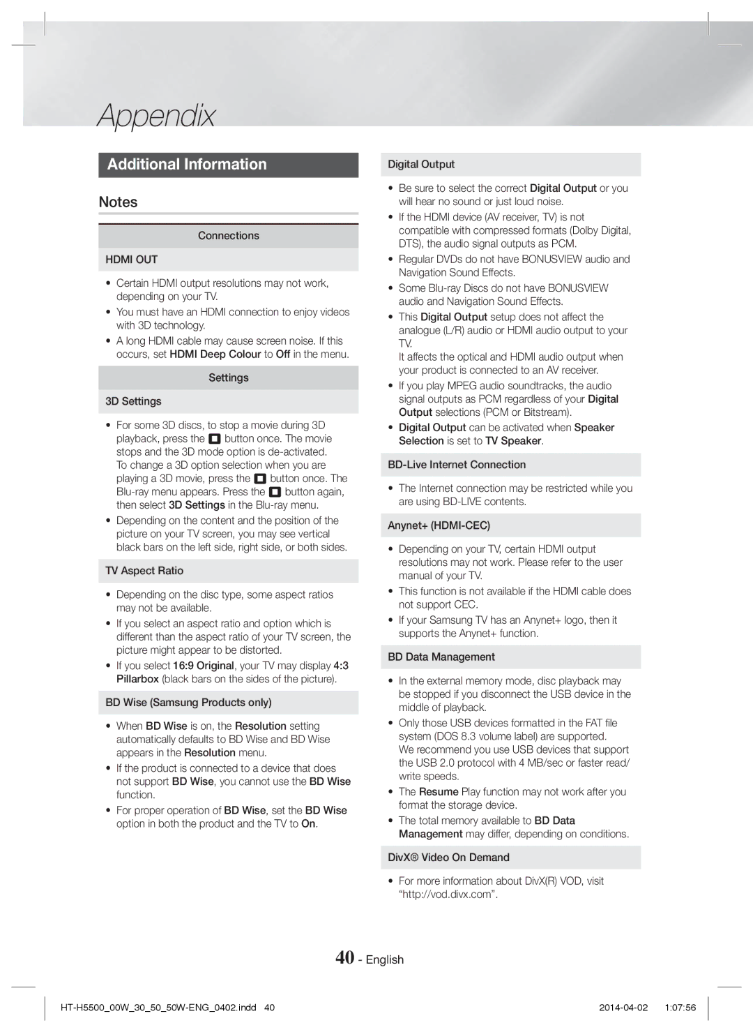 Samsung HT-H5500/XU, HT-H5550W/TK manual Appendix, Additional Information, Connections, Hdmi OUT, Settings 3D Settings 