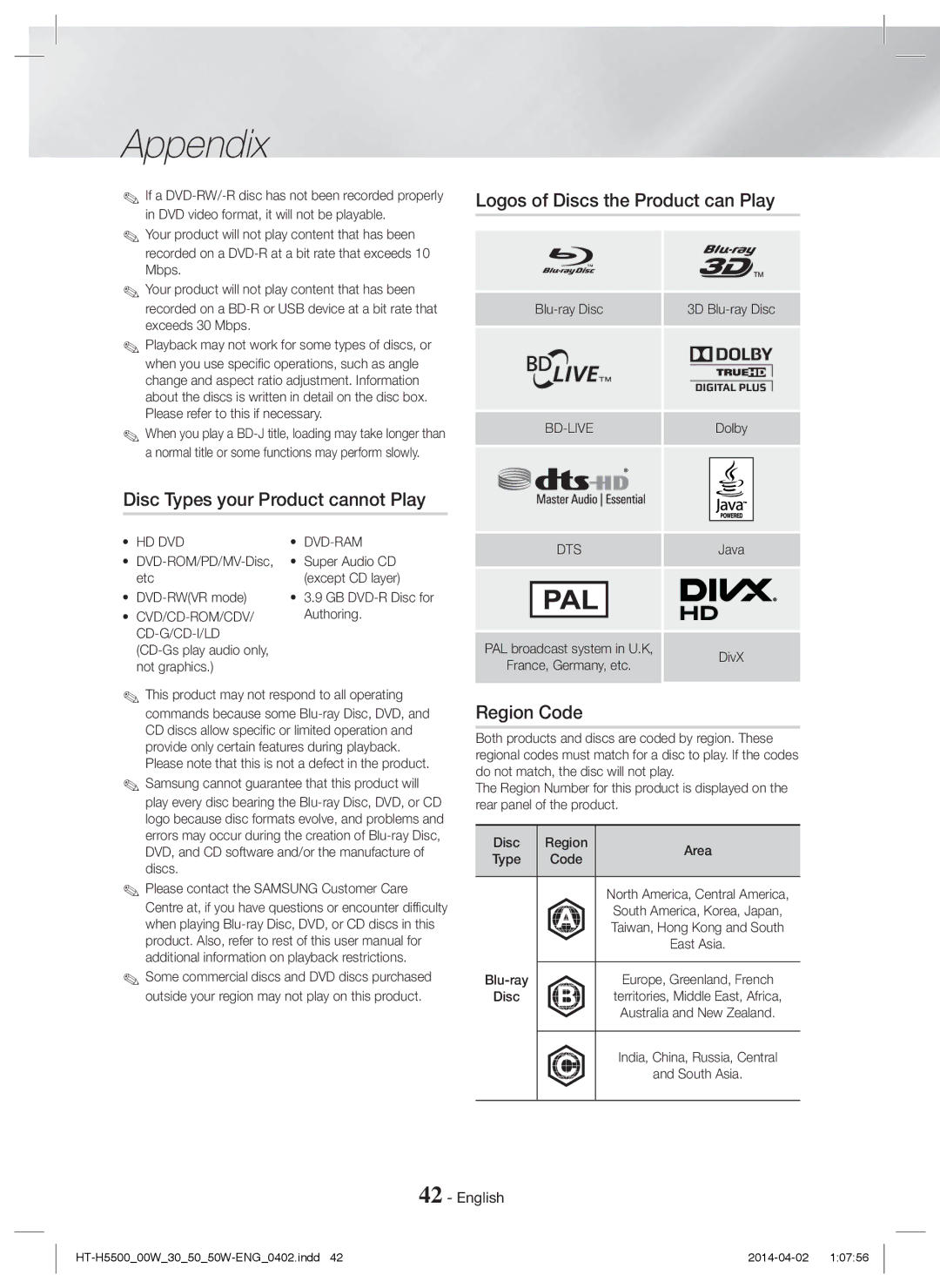 Samsung HT-H5550/XN, HT-H5550W/TK, HT-H5530/EN, HT-H5500W/EN, HT-H5500/EN manual Region Code, Bd-Live, Hd Dvd, Dvd-Ram, Dts 