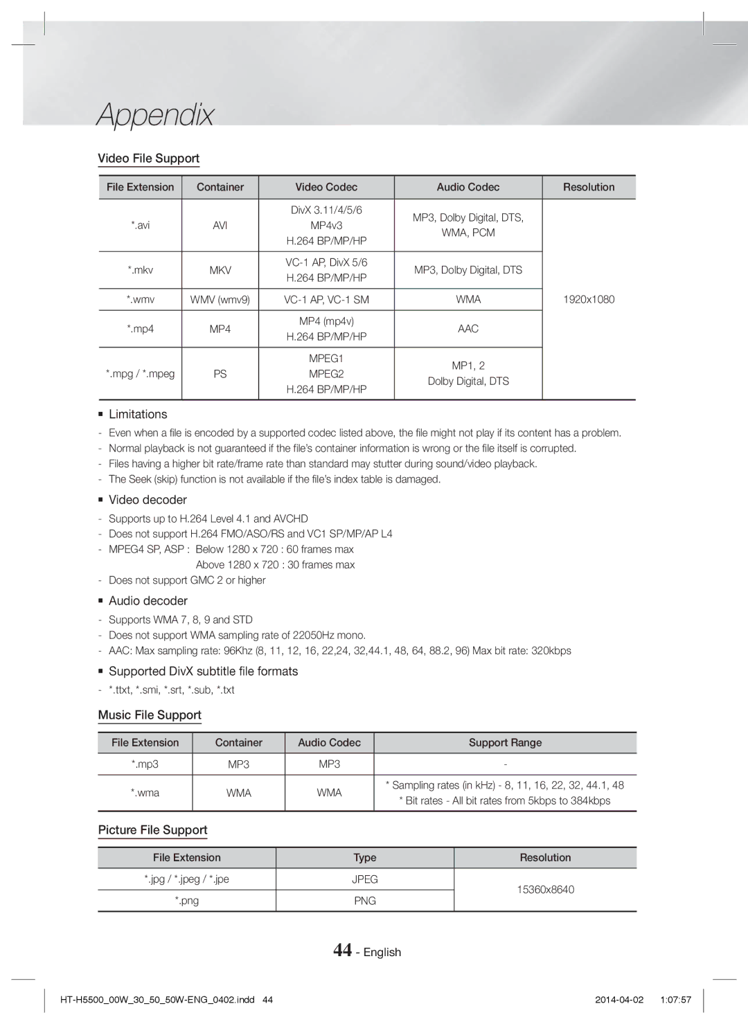 Samsung HT-H5550W/XE, HT-H5550W/TK Video File Support,  Limitations,  Video decoder,  Audio decoder, Music File Support 