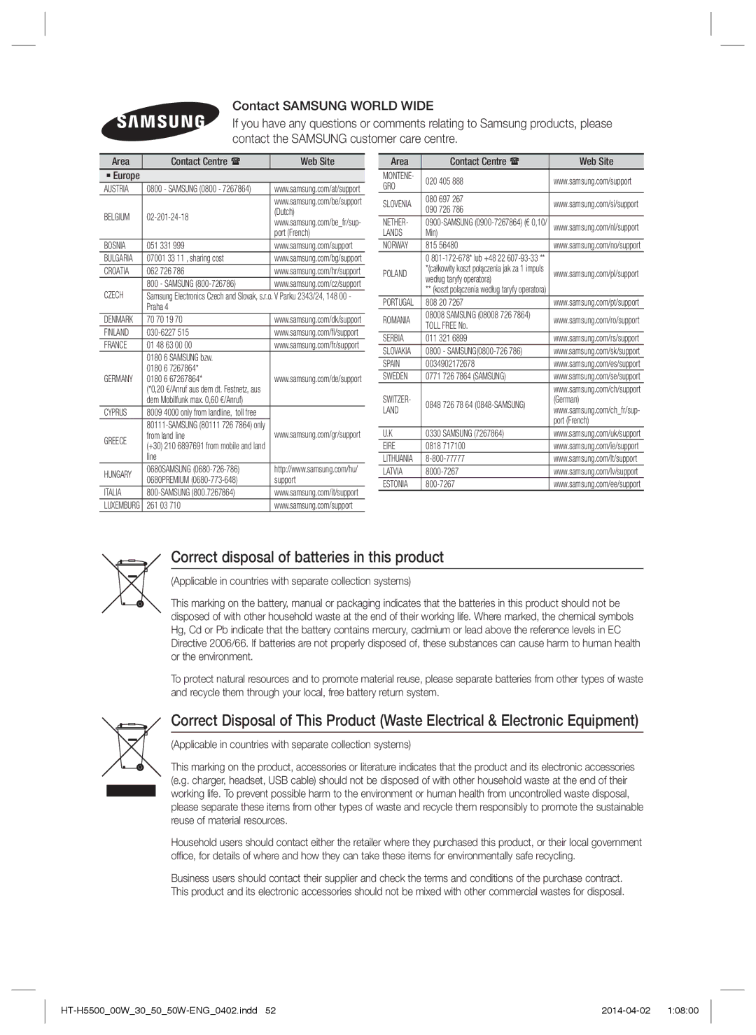 Samsung HT-H5550/EN, HT-H5550W/TK manual Correct disposal of batteries in this product, Area Contact Centre  Web Site 