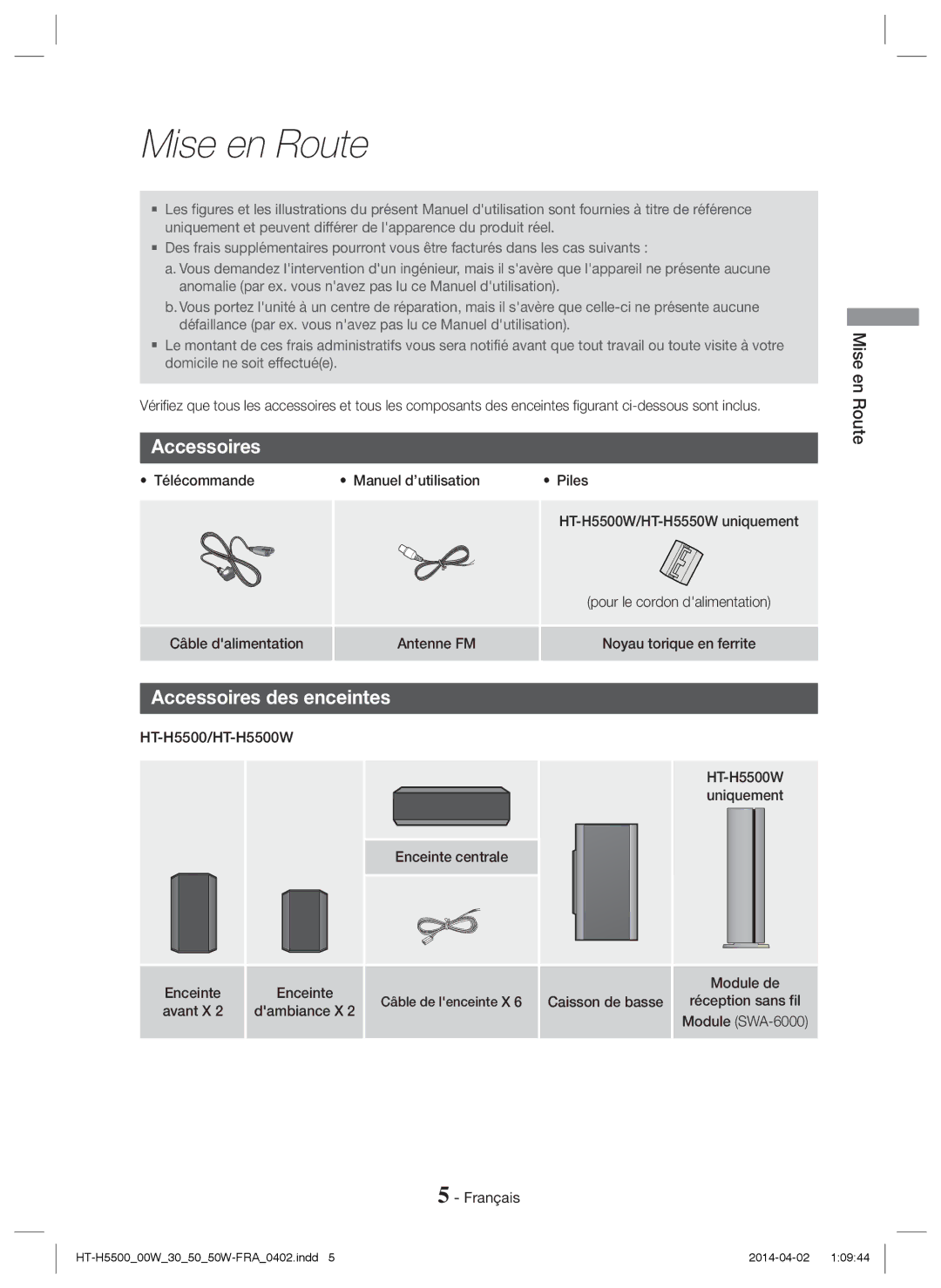 Samsung HT-H5530/ZF, HT-H5550W/TK, HT-H5530/EN, HT-H5500W/EN, HT-H5500/EN manual Mise en Route, Accessoires des enceintes 