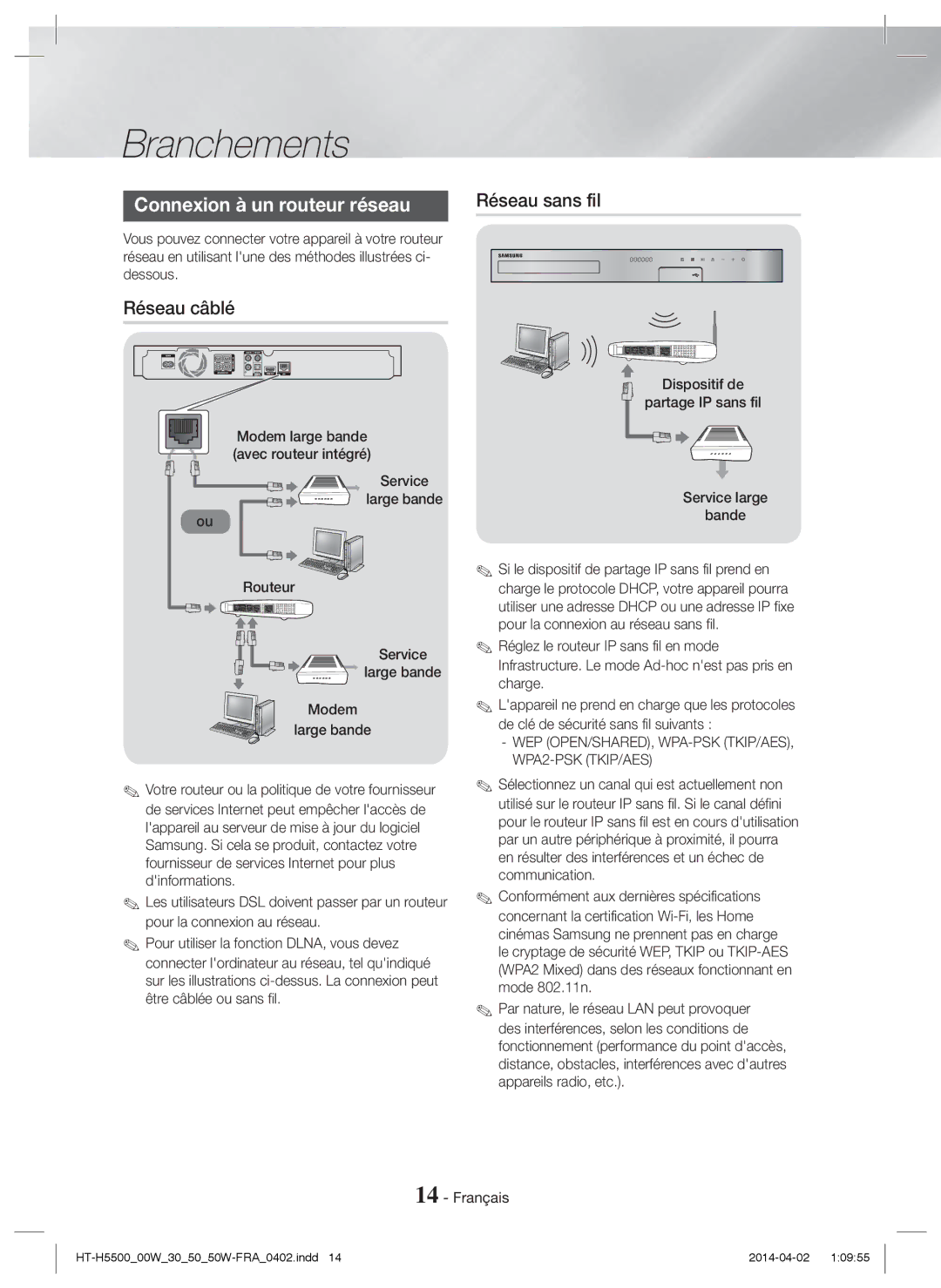 Samsung HT-H5500/XN, HT-H5550W/TK manual Connexion à un routeur réseau, Réseau câblé, Service Large bande Routeur Modem 