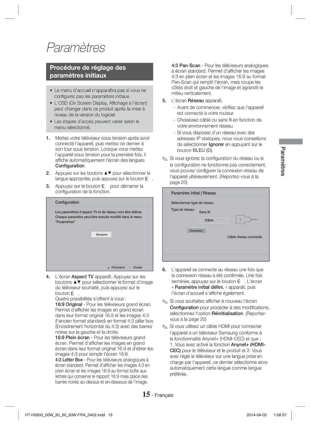 Samsung HT-H5550W/XE manual Procédure de réglage des Paramètres initiaux, Pan-Scan Pour les téléviseurs analogiques 