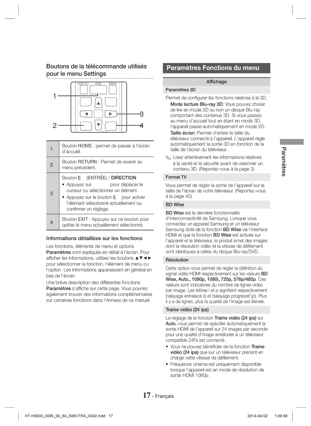 Samsung HT-H5550W/TK, HT-H5530/EN Boutons de la télécommande utilisés pour le menu Settings, Paramètres Fonctions du menu 