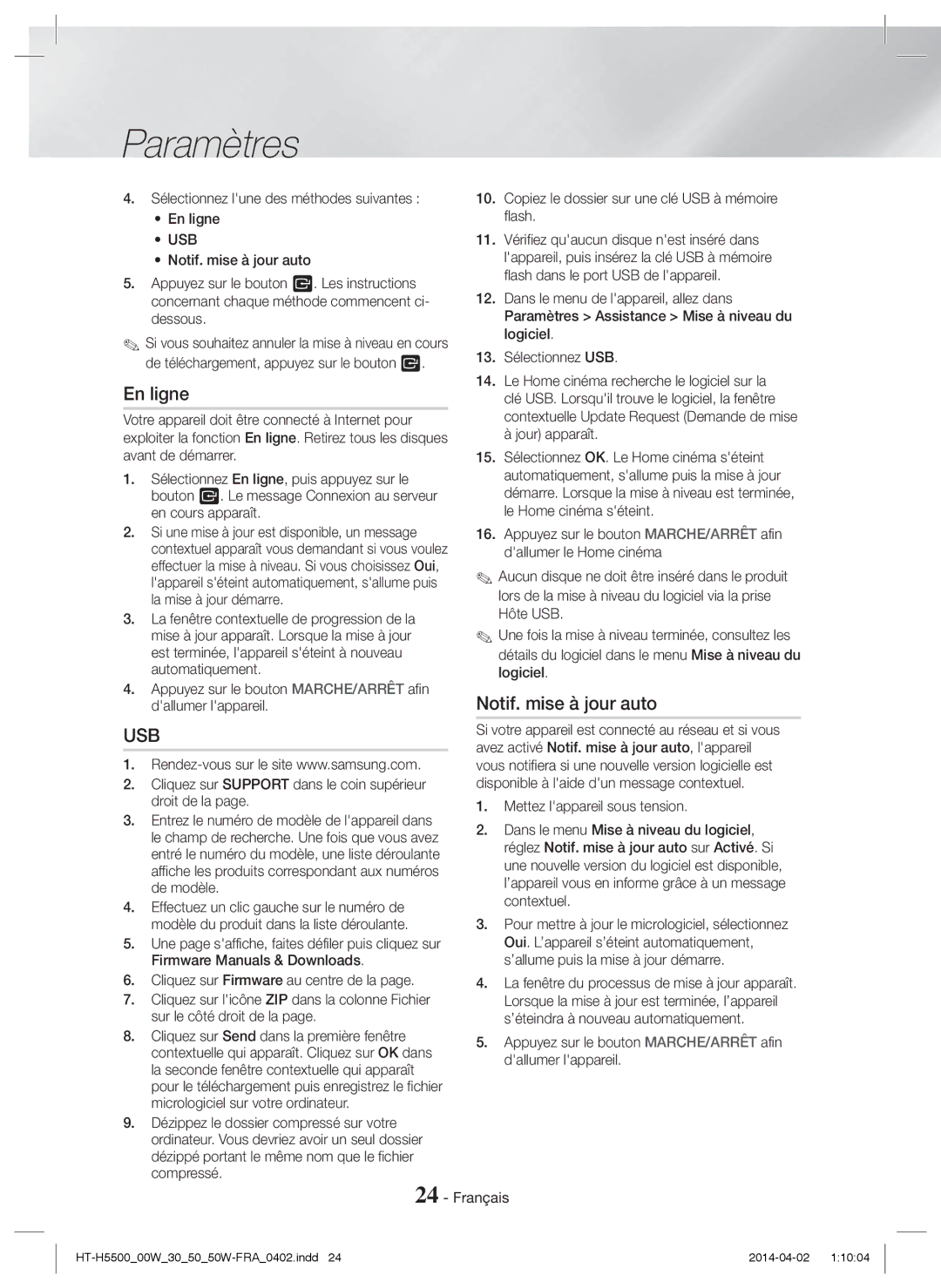 Samsung HT-H5500/TK, HT-H5550W/TK, HT-H5530/EN, HT-H5500W/EN, HT-H5500/EN, HT-H5550W/EN En ligne, Notif. mise à jour auto, Usb 