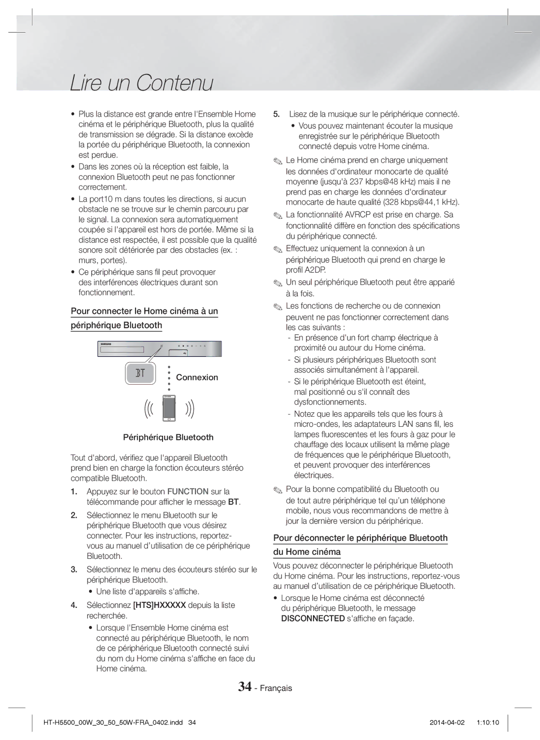 Samsung HT-H5500/XU, HT-H5550W/TK, HT-H5530/EN, HT-H5500W/EN manual Pour connecter le Home cinéma à un Périphérique Bluetooth 