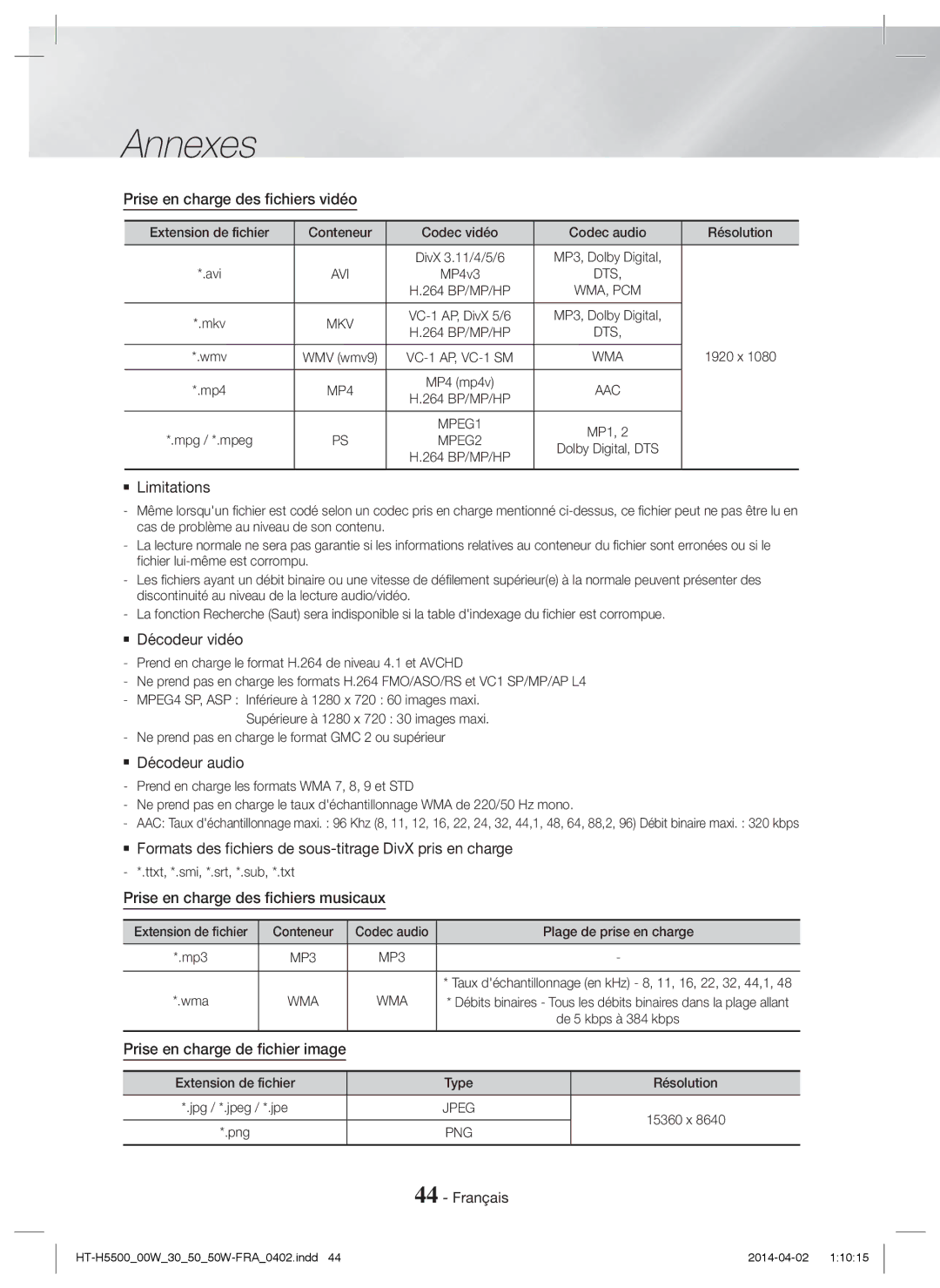 Samsung HT-H5550W/EN, HT-H5550W/TK, HT-H5530/EN manual Prise en charge des fichiers vidéo,  Décodeur vidéo,  Décodeur audio 