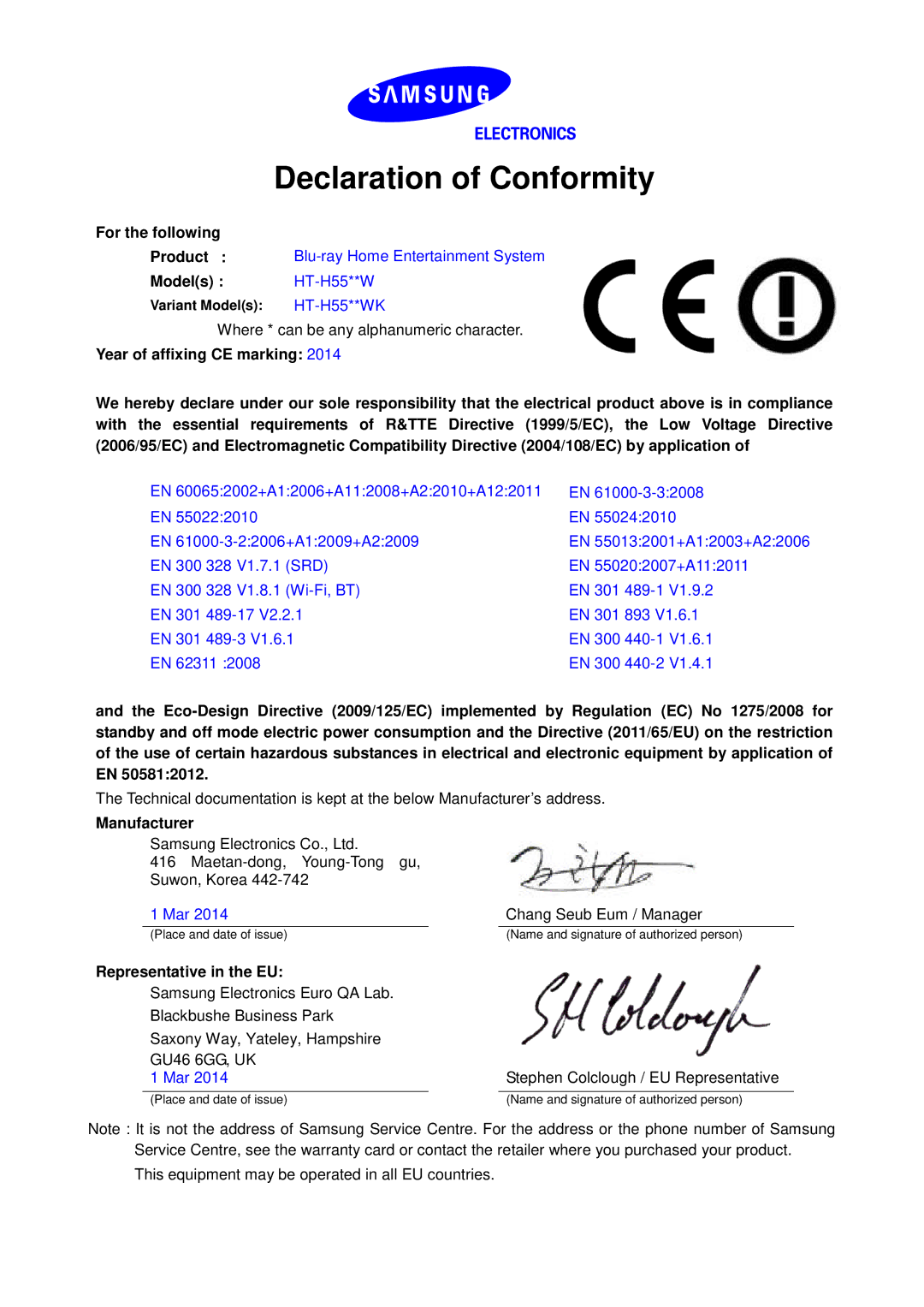 Samsung HT-H5530/EN, HT-H5550W/TK manual Declaration of Conformity, For the following, Models HT-H55**W, Manufacturer 