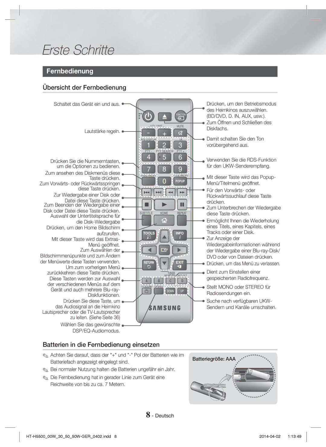 Samsung HT-H5550/ZF, HT-H5550W/TK, HT-H5530/EN Übersicht der Fernbedienung, Batterien in die Fernbedienung einsetzen 