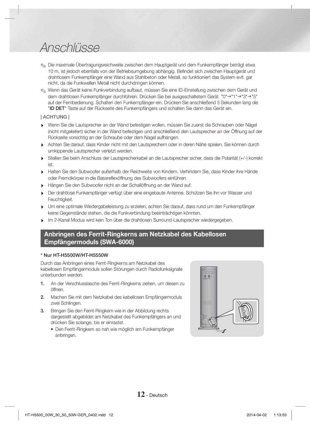 Samsung HT-H5550W/ZF, HT-H5550W/TK, HT-H5530/EN, HT-H5500W/EN, HT-H5500/EN, HT-H5550W/EN, HT-H5550/TK, HT-H5550/EN manual Achtung 