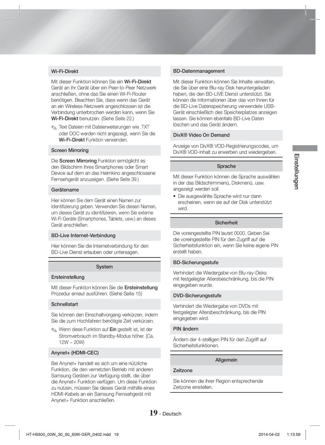 Samsung HT-H5550/EN Gerätename, BD-Live Internet-Verbindung, System Ersteinstellung, Schnellstart, BD-Datenmanagement 