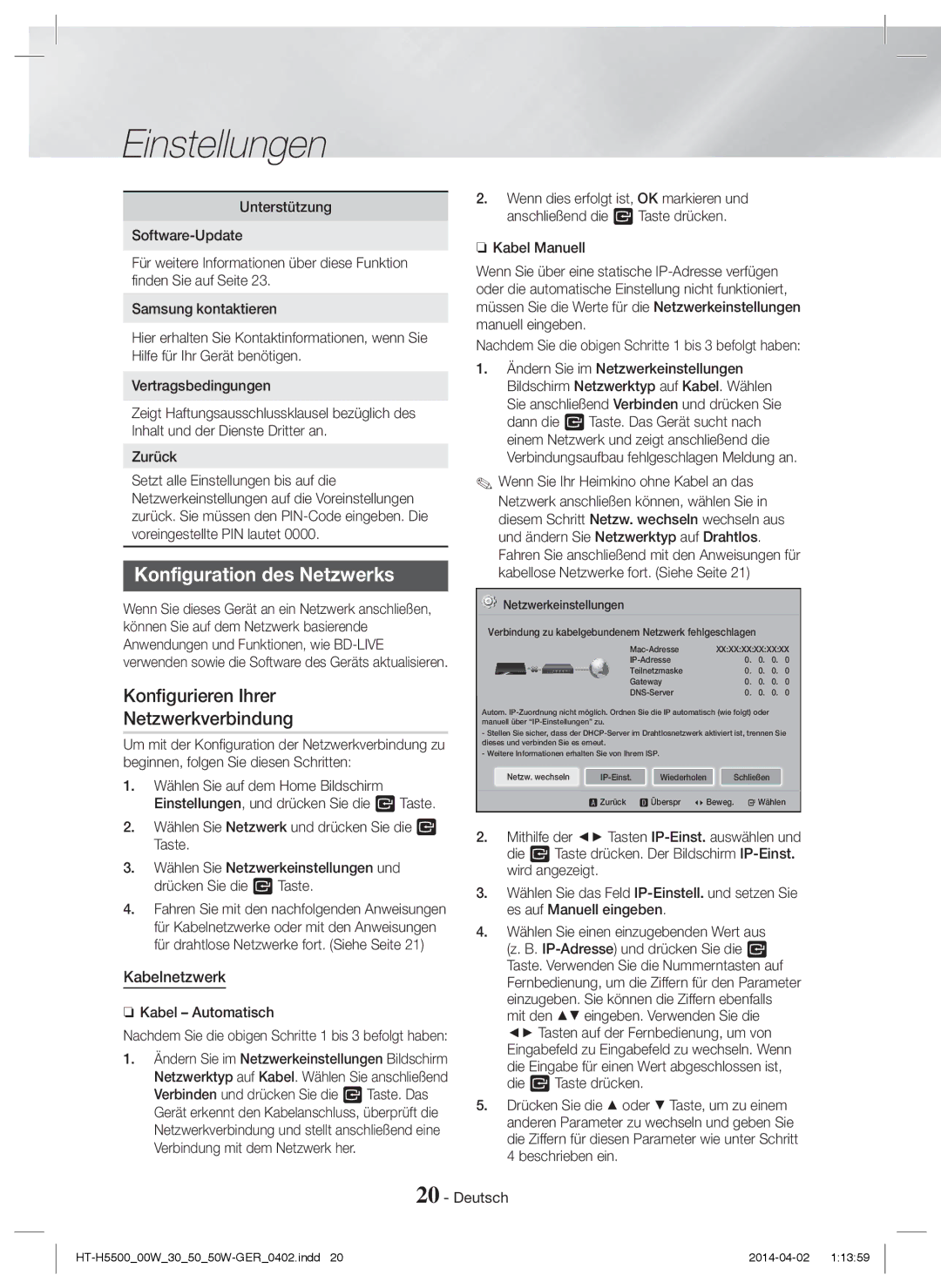 Samsung HT-H5500/TK manual Konfiguration des Netzwerks, Konfigurieren Ihrer Netzwerkverbindung, Kabelnetzwerk, Zurück 