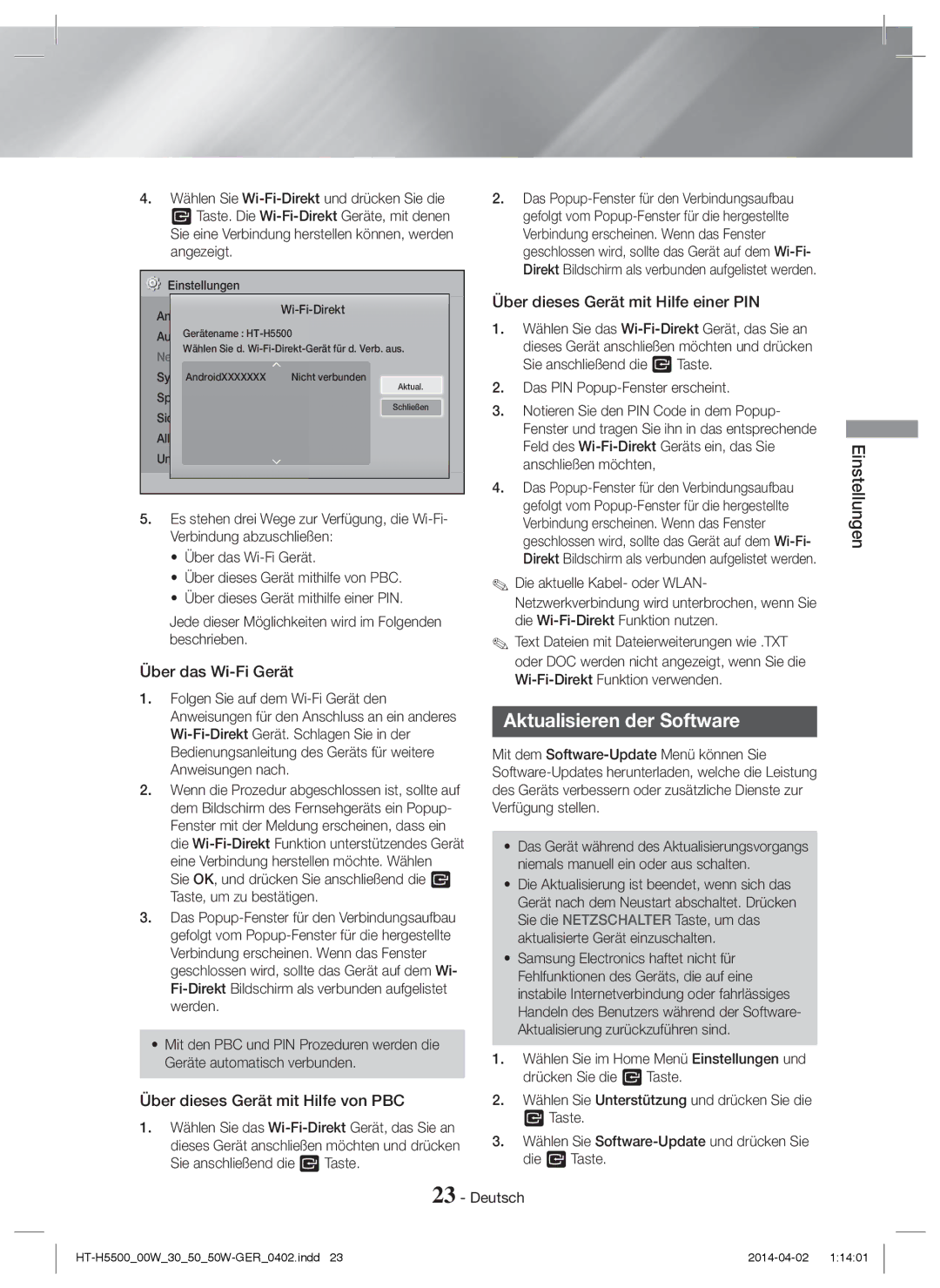 Samsung HT-H5500W/ZF, HT-H5550W/TK Aktualisieren der Software, Über das Wi-Fi Gerät, Über dieses Gerät mit Hilfe von PBC 