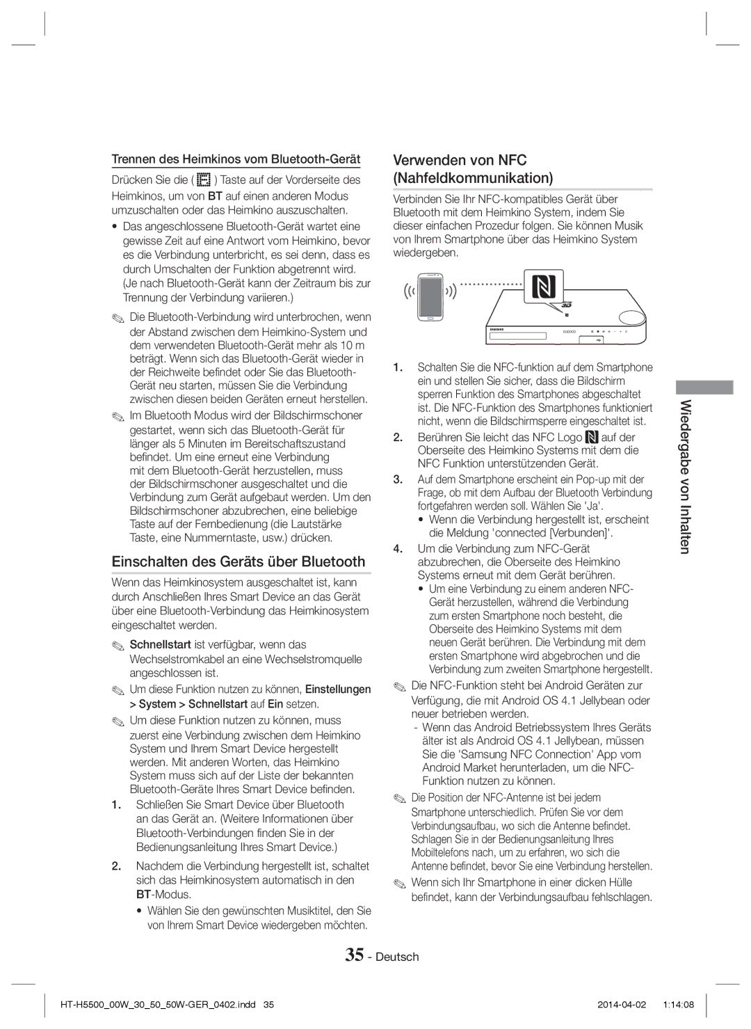 Samsung HT-H5500/ZF, HT-H5550W/TK manual Einschalten des Geräts über Bluetooth, Verwenden von NFC Nahfeldkommunikation 