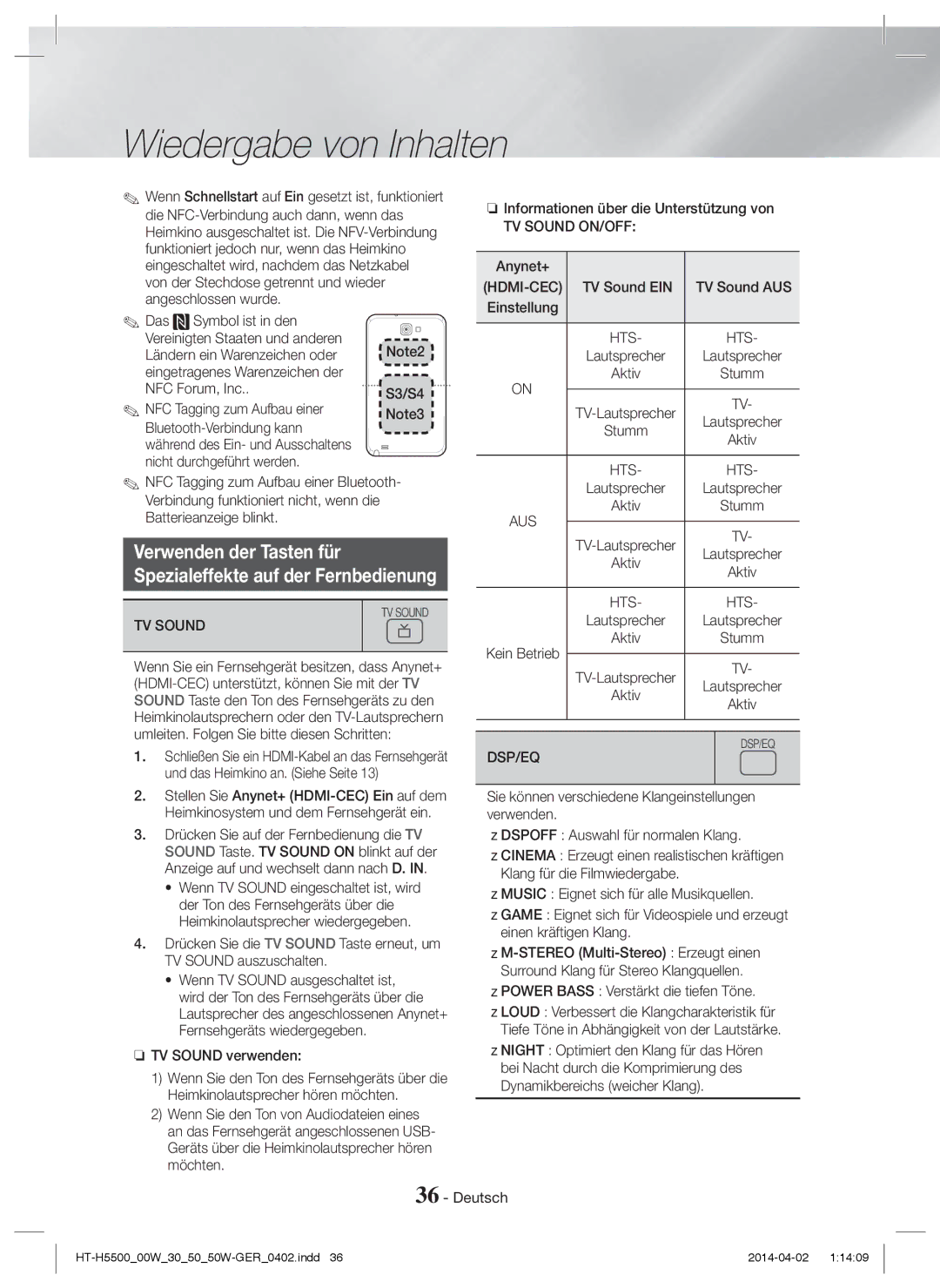 Samsung HT-H5500W/ZF, HT-H5550W/TK, HT-H5530/EN, HT-H5500W/EN, HT-H5500/EN manual Verwenden der Tasten für, TV Sound ON/OFF 