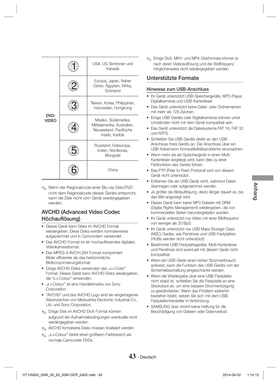 Samsung HT-H5550W/EN manual Avchd Advanced Video Codec Höchauflösung, Unterstützte Formate, Hinweise zum USB-Anschluss 