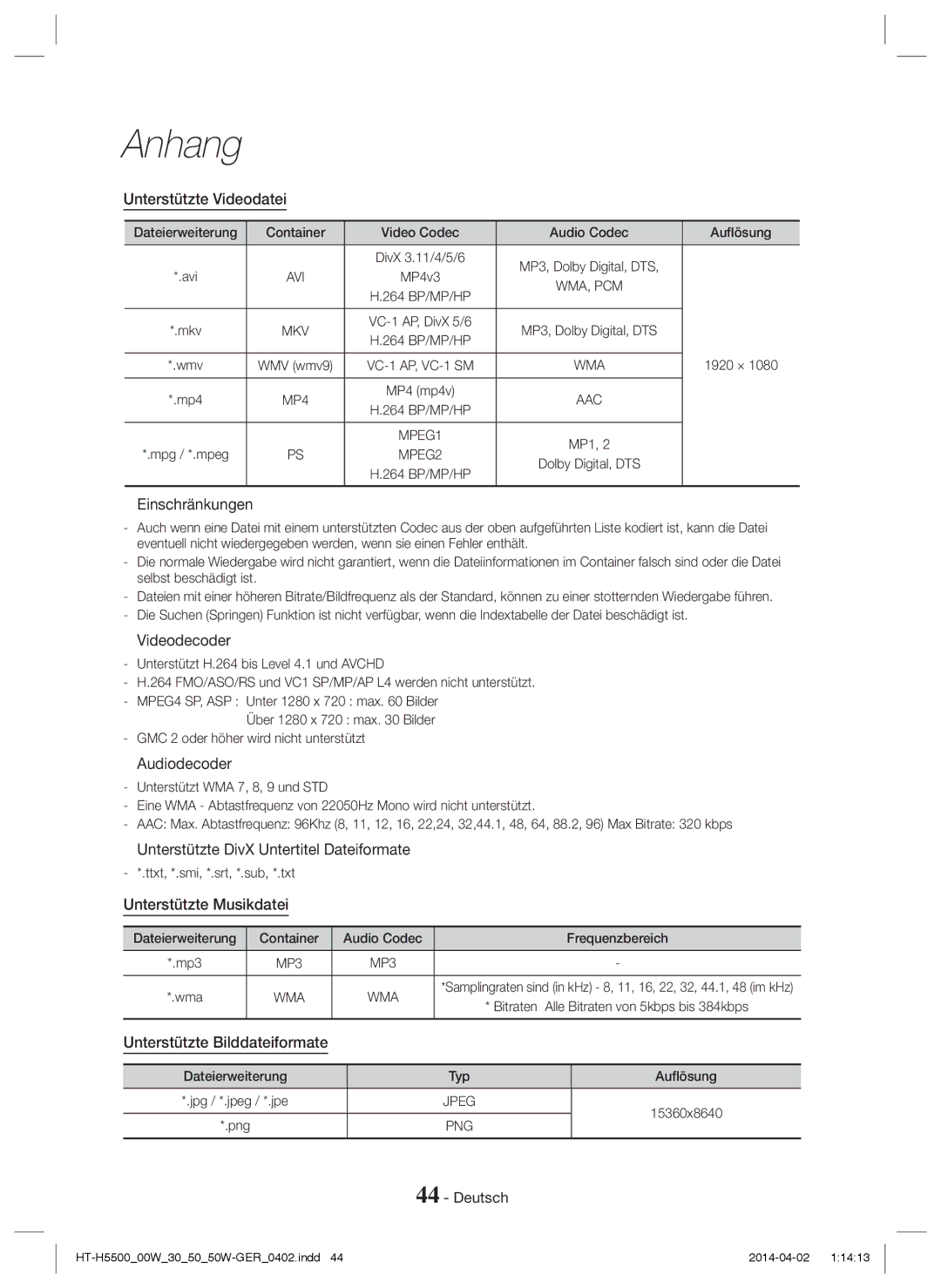 Samsung HT-H5550/TK Unterstützte Videodatei,  Einschränkungen,  Videodecoder,  Audiodecoder, Unterstützte Musikdatei 