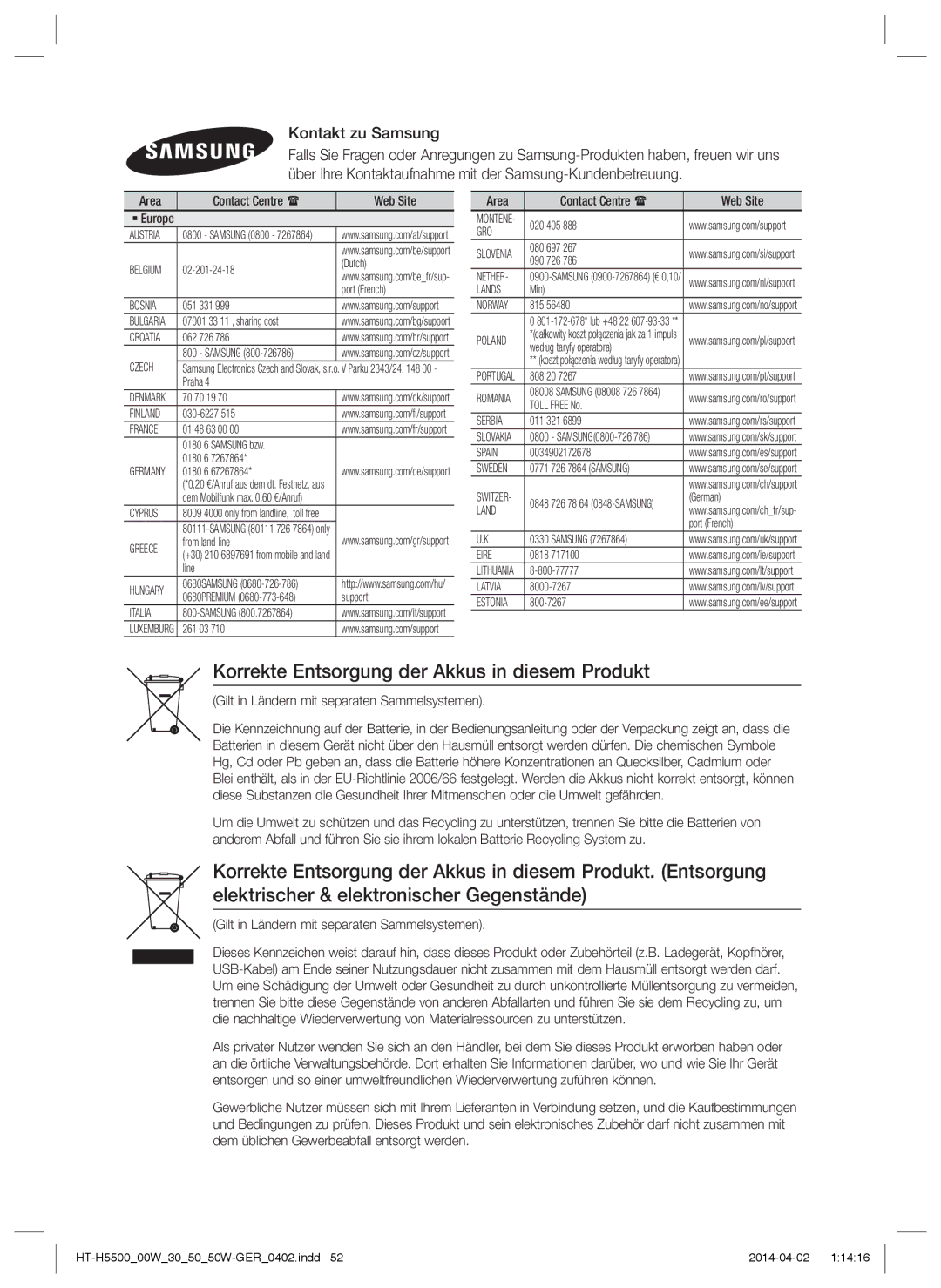 Samsung HT-H5550W/TK, HT-H5530/EN, HT-H5500W/EN manual Korrekte Entsorgung der Akkus in diesem Produkt, Kontakt zu Samsung 