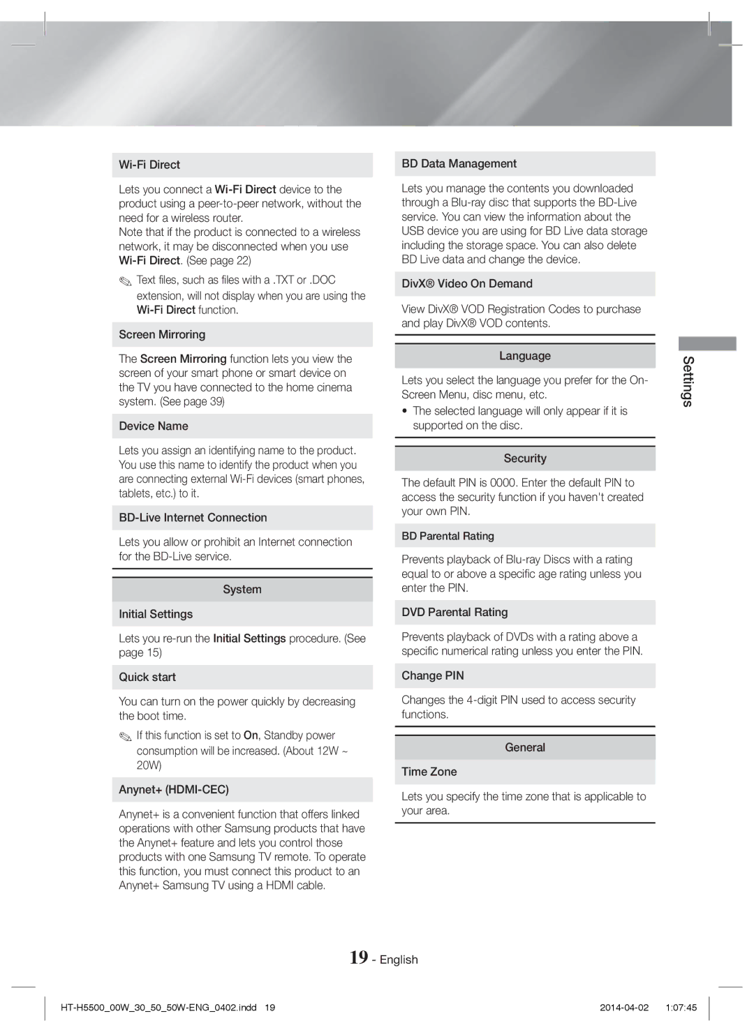 Samsung HT-H5550/EN, HT-H5550W/TK, HT-H5530/EN, HT-H5500W/EN, HT-H5500/EN Device Name, BD Data Management, BD Parental Rating 