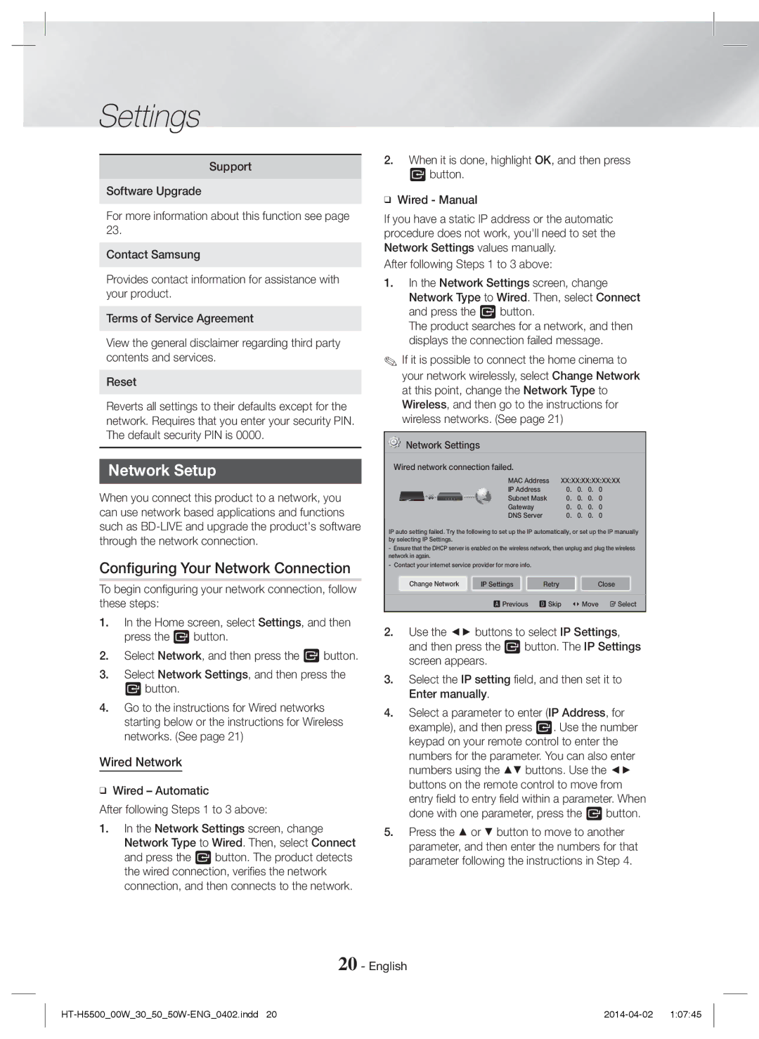Samsung HT-H5500/TK, HT-H5550W/TK, HT-H5530/EN manual Network Setup, Configuring Your Network Connection, Wired Network 