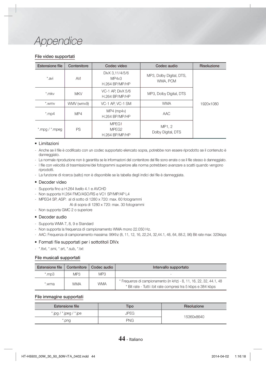 Samsung HT-H5550/TK manual File video supportati,  Limitazioni,  Decoder video,  Decoder audio, File musicali supportati 