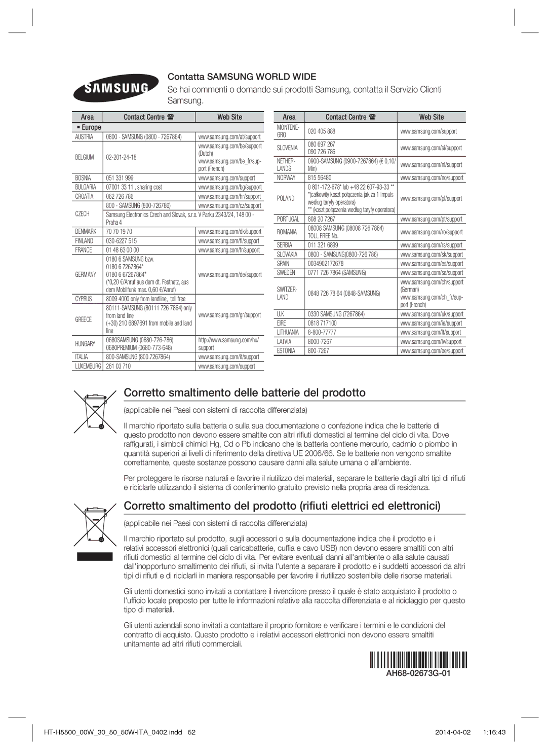 Samsung HT-H5550W/TK, HT-H5530/EN, HT-H5500W/EN manual Corretto smaltimento delle batterie del prodotto, AH68-02673G-01 