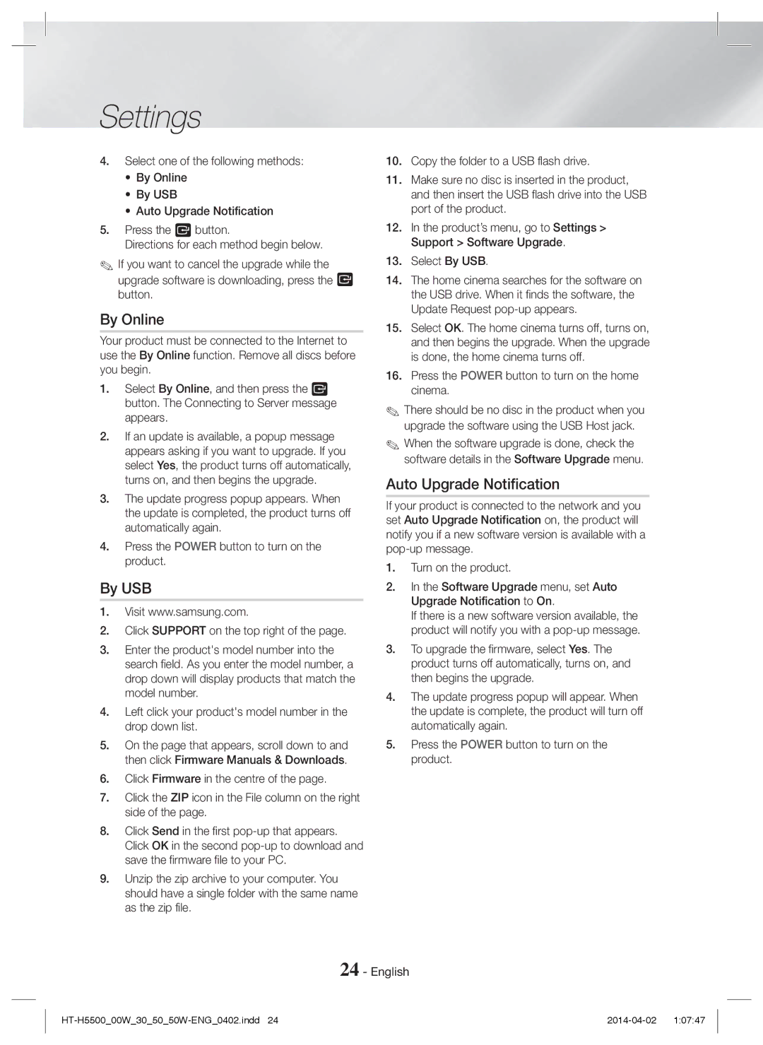 Samsung HT-H5530/ZF, HT-H5550W/TK, HT-H5530/EN, HT-H5500W/EN manual By Online, Auto Upgrade Notification, Select By USB 