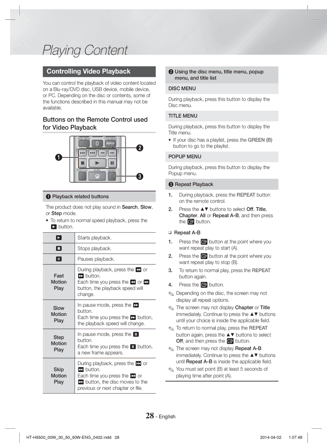 Samsung HT-H5500W/EN manual Controlling Video Playback, Buttons on the Remote Control used for Video Playback, Disc Menu 