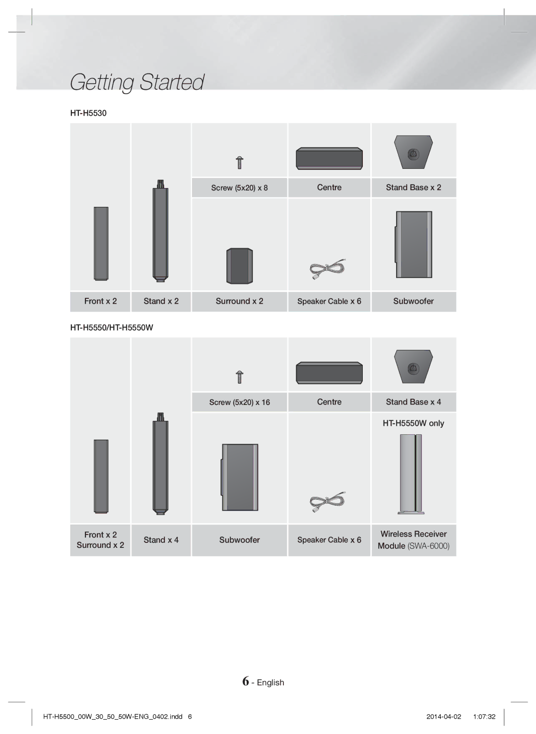 Samsung HT-H5550/EN HT-H5530, Front x Stand x, HT-H5550/HT-H5550W, HT-H5550W only Front x Surround x Stand x Subwoofer 