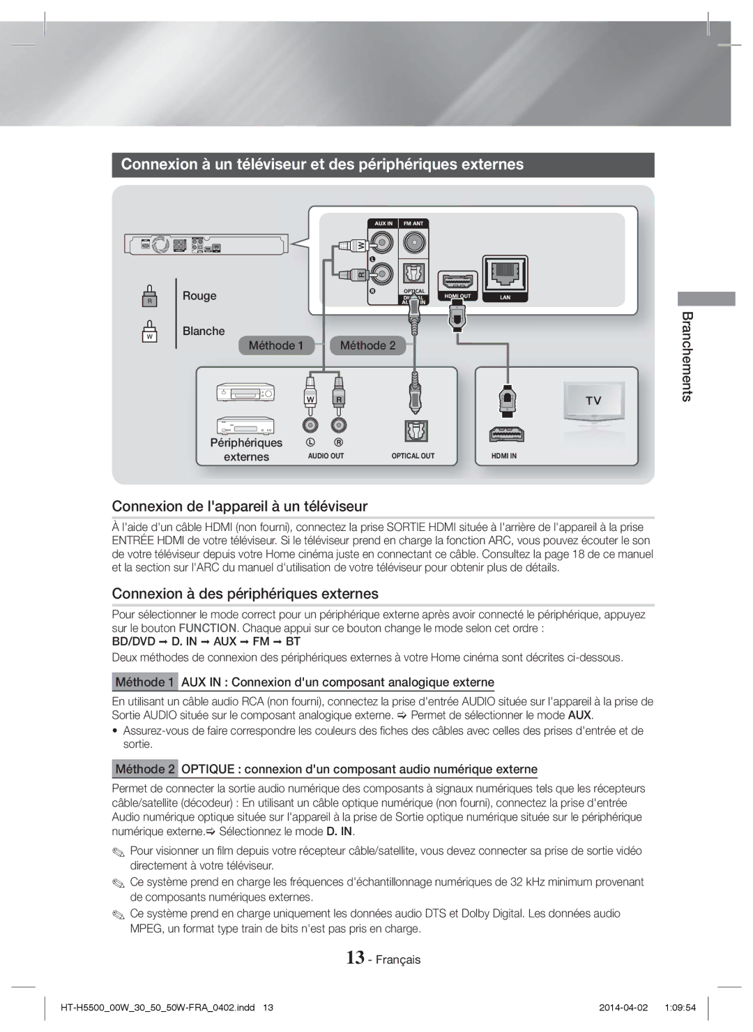 Samsung HT-H5550W/TK manual Connexion à un téléviseur et des périphériques externes, Connexion de lappareil à un téléviseur 