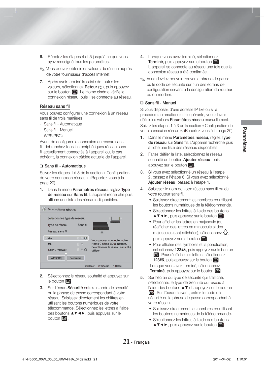 Samsung HT-H5550/ZF, HT-H5550W/TK, HT-H5530/EN, HT-H5500W/EN, HT-H5500/EN, HT-H5550W/EN, HT-H5550/TK manual Réseau sans fil 