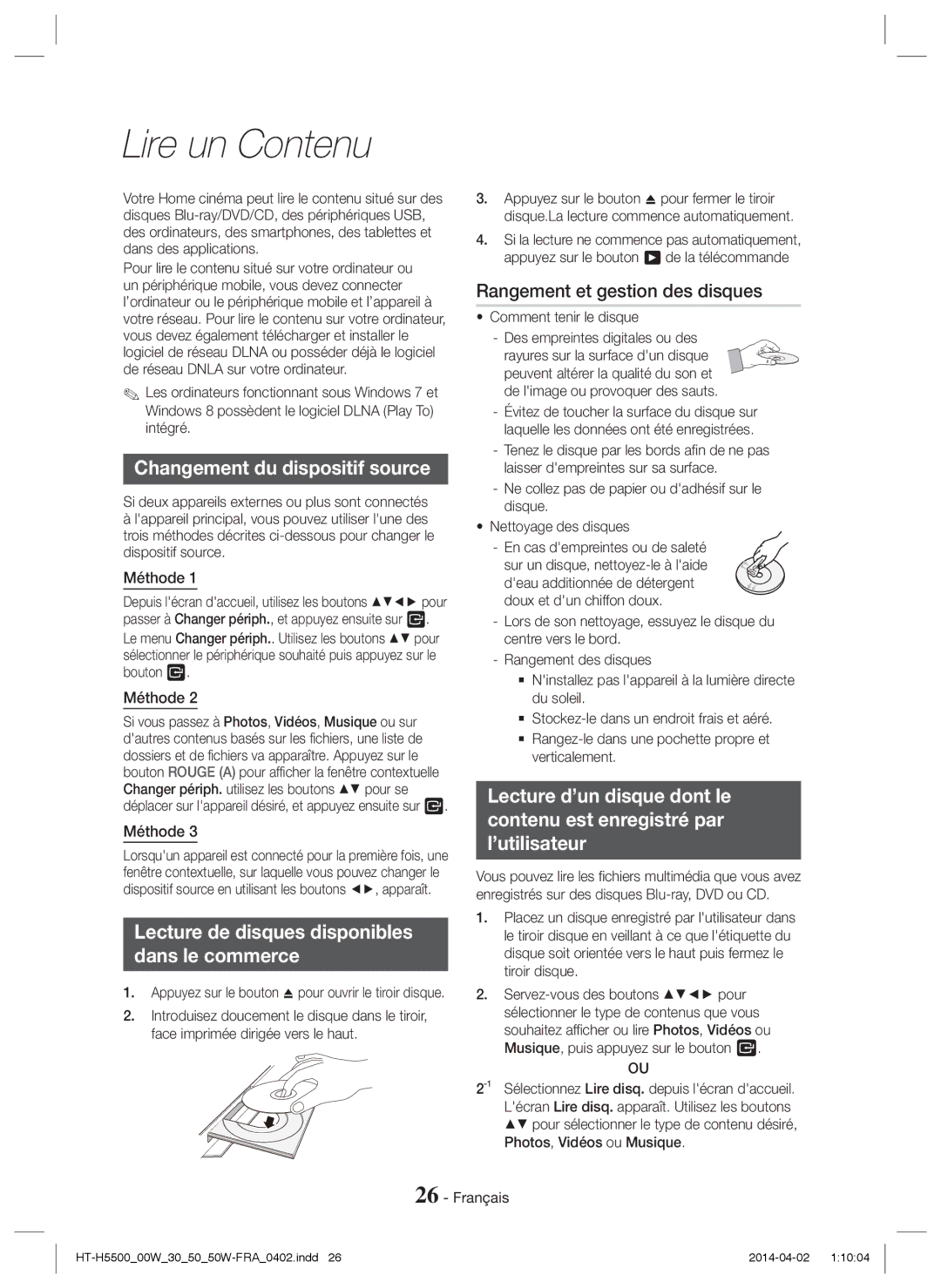 Samsung HT-H5550W/TK Lire un Contenu, Changement du dispositif source, Lecture de disques disponibles Dans le commerce 