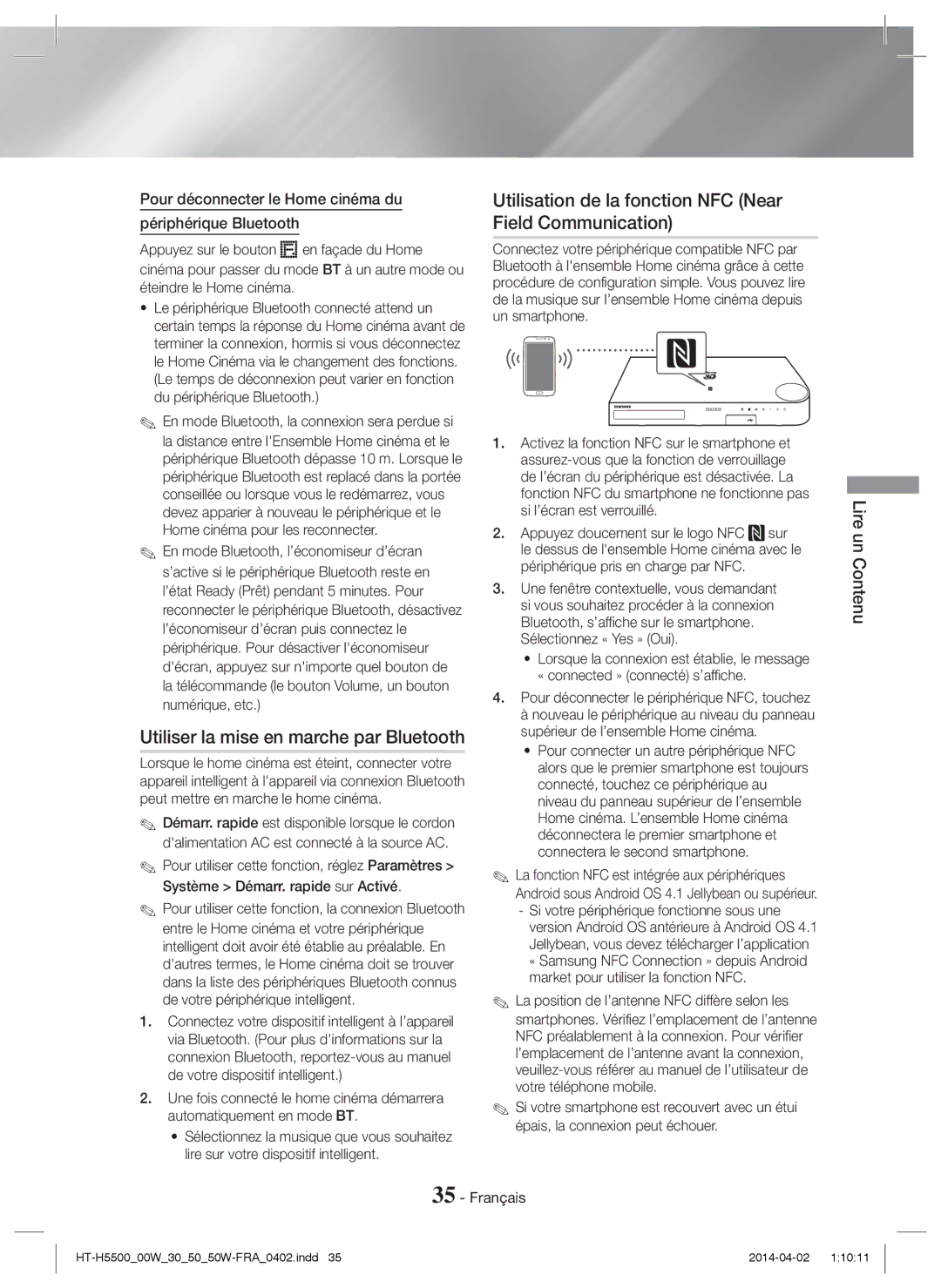 Samsung HT-H5500/ZF Utiliser la mise en marche par Bluetooth, Utilisation de la fonction NFC Near Field Communication 