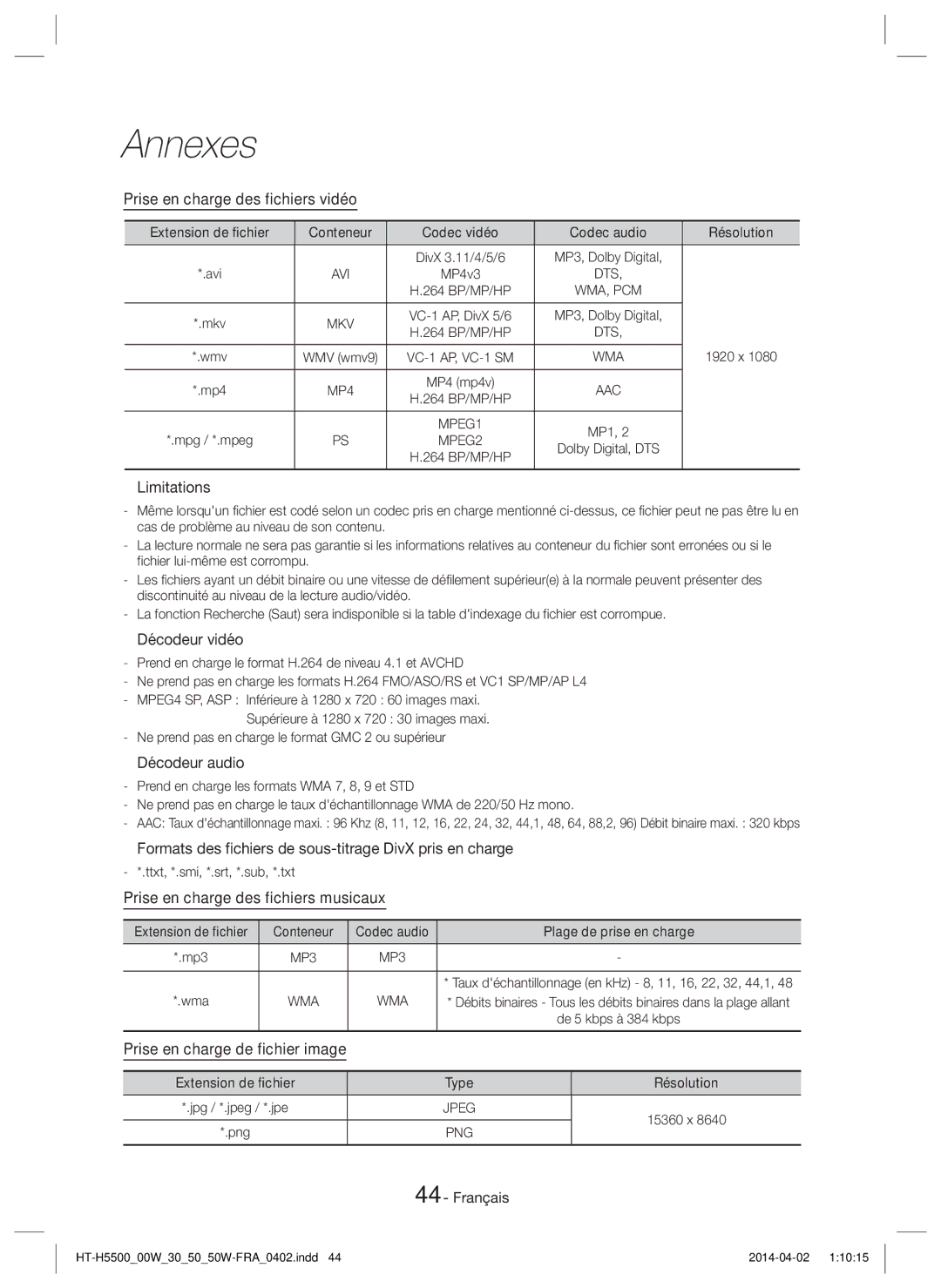 Samsung HT-H5550/TK, HT-H5550W/TK, HT-H5530/EN manual Prise en charge des fichiers vidéo,  Décodeur vidéo,  Décodeur audio 